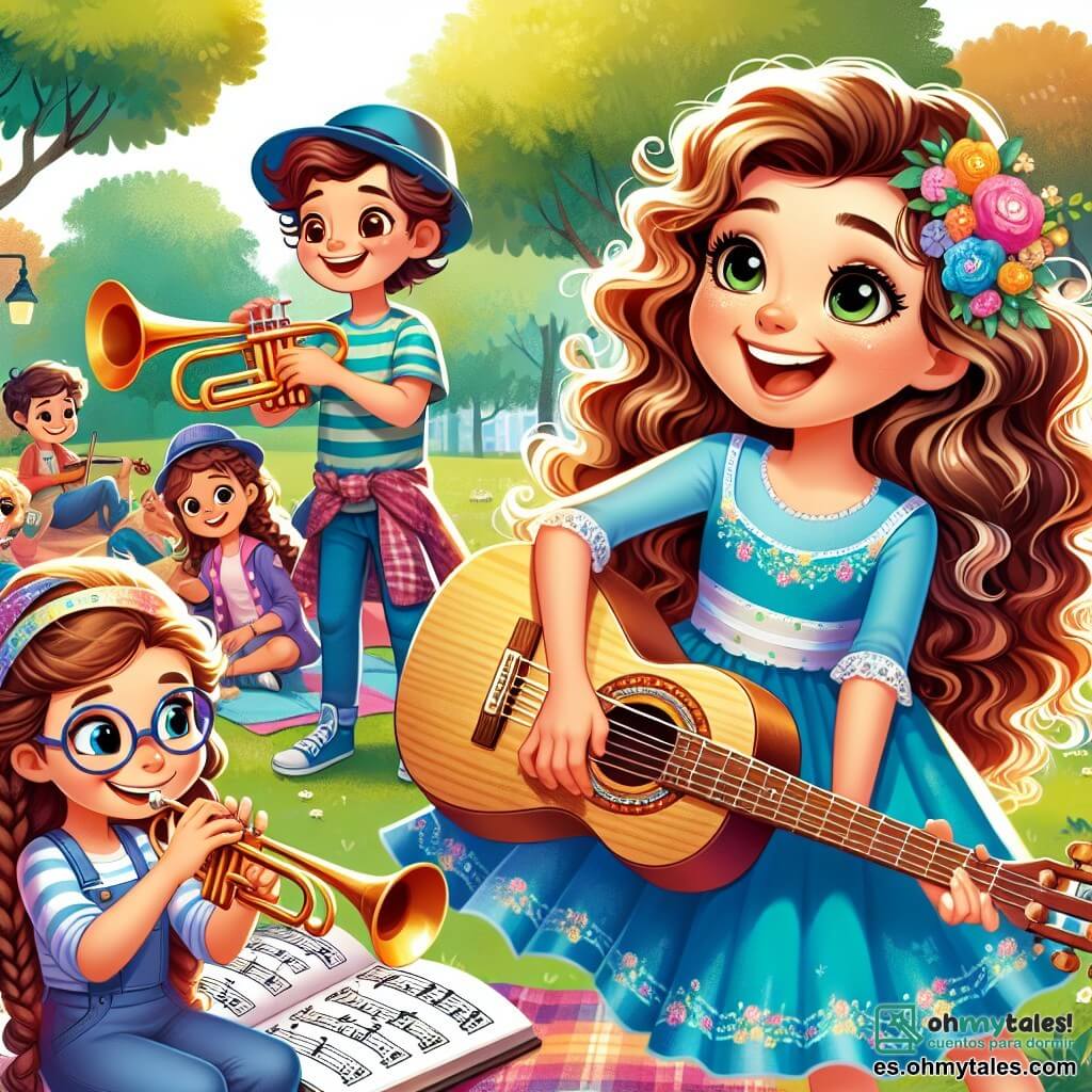Clara, una joven de cabello largo y rizado, lleva un vestido azul brillante. Sonríe con entusiasmo, sosteniendo una guitarra de madera, lista para cantar. Sus ojos brillan de alegría y emoción. A su lado, un niño de unos 10 años, con gafas y una gorra, toca la trompeta, luciendo concentrado y feliz. Otra niña de 9 años con trenzas toca el violín, con los ojos cerrados, perdida en la melodía. La escena transcurre en un parque soleado, rodeado de árboles de hojas verdes vibrantes y flores coloridas. Niños sentados en mantas escuchan atentamente, mientras los adultos sonríen disfrutando de bebidas. Clara y sus amigos están ensayando para un concierto, compartiendo risas y notas musicales, creando una atmósfera alegre y cálida, llena de creatividad y amistad.
