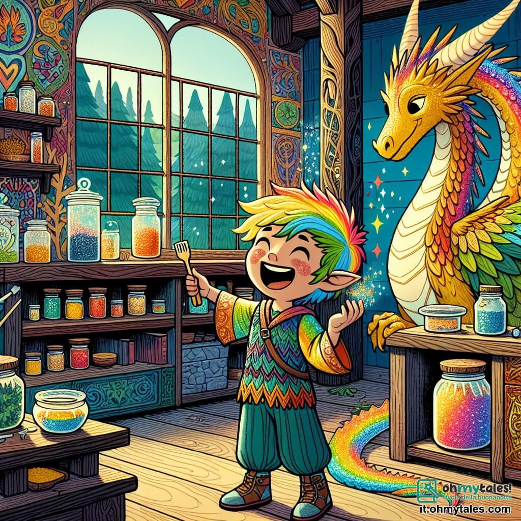 Lumen, un giovane folletto dai capelli colorati come un arcobaleno e dalla pelle scintillante, è in piedi in una cucina incantata, con un grande sorriso sul volto e gli occhi scintillanti di eccitazione, mentre tiene un mestolo di legno ed è circondato da ingredienti magici. Accanto a lui c'è Fiamma, un grande drago saggio con squame dorate e occhi calorosi, che si trova vicino al tavolo, guardando con orgoglio il suo piccolo folletto, con un sorriso tenero sul volto. La cucina è piena di colori vivaci, con pareti in legno intagliato, finestre che lasciano entrare la luce del sole e scaffali carichi di barattoli di spezie scintillanti. Lumen sta decorando una magnifica torta arcobaleno, piena di gioia e amore, pronto a celebrare la festa del papà con il suo papà drago.
