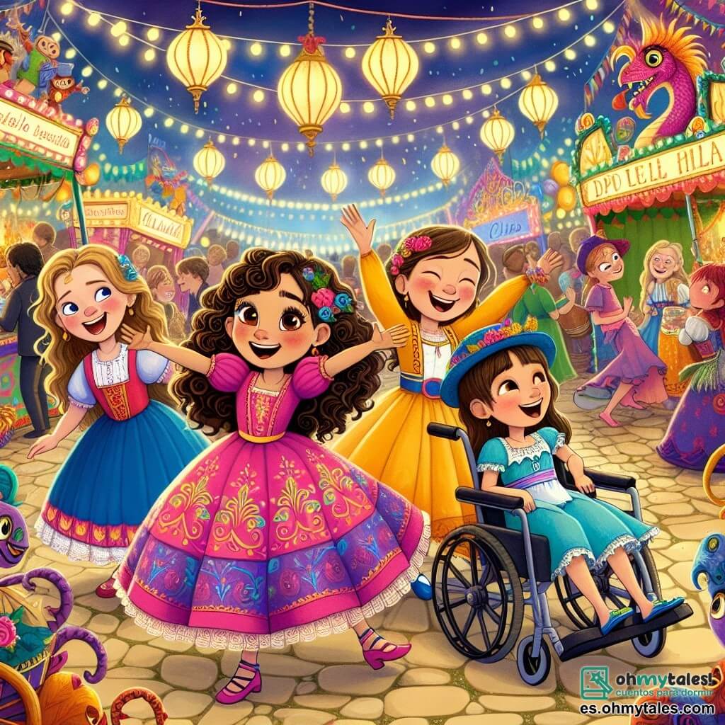 En un carnaval colorido, cuatro chicas están reunidas en el centro del escenario. Lucía, de 10 años con cabello rizado y ojos brillantes, lleva un vestido rosa y baila con entusiasmo. A su derecha, Valentina, de 9 años con cabello liso y una gran sonrisa, viste un atuendo amarillo y hace gestos alegres. A la izquierda, Clara, de 11 años con un sombrero colorido, se mueve con un bastón, radiante de felicidad. Finalmente, Sofía, de 10 años en silla de ruedas, lleva un vestido azul y ríe a carcajadas, rodeada de sus amigas. El lugar es un claro festivo, lleno de linternas brillantes y decoraciones coloridas. Hay puestos de comida con aromas deliciosos y un gran dragón de papel maché con escamas brillantes cuida el escenario. Personajes fantásticos bailan alrededor, añadiendo a la atmósfera mágica. Las cuatro amigas bailan juntas, sus rostros iluminados por la alegría y la emoción, celebrando el descubrimiento de la Risa Perdida, rodeadas de risas y música festiva.