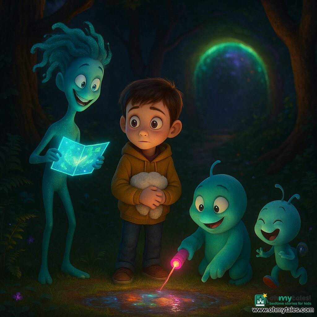 Ten-year-old Leo stands center, shy and wide-eyed with short brown hair, wearing a worn yellow hoodie and clutching a small cloud-like pillow as he curiously looks at three friendly aliens: Blip, tall and thin with floating blue hair and iridescent green-blue skin, smiling and holding a floating glowing map to Leo's left; Zazzy, squat and kneeling with pink-glowing fingertips, pointing a candy-shaped scanner at a sparkling puddle to Leo's right; and Momo, smaller with bouncing shoes and a chattering silver gadget, hopping and laughing behind them; they meet at the edge of a forest at twilight in a wet grassy clearing with ferns, knotted tree trunks, small phosphorescent flowers and a mirror-like puddle reflecting colorful images, a green-and-violet portal light behind them, warm, soft late-day lighting, saturated contrasting colors, and a detailed expressive 3D style.
