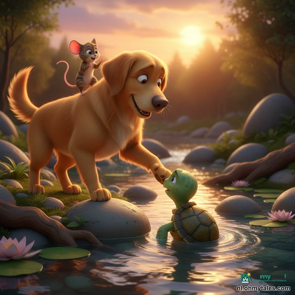 Max, een hond met glanzende honingkleurige vacht, kijkt opgelucht en blij; hij staat op de oever met zijn voorpoten op een grote steen en reikt voorzichtig een poot om te helpen; Timmy, een kleine groene schildpad met ruwe schild en gouden accenten, zit tussen twee stenen in de rivier vast, hoofd uit het water en dankbare blik; Mia, een piepkleine grijze muis met roze oren, springt van opwinding op Max' schouder en klapt met haar pootjes; Lila, een gestreepte poes in bruin en crème, hurkt op de oever achter Max met opgerolde staart en aandachtige blik; de heldere, fonkelende rivier weerspiegelt de oranje zonsondergang, met gladde stenen, groene mos, enkele waterlelies en een dikke boomwortel; hoofdscène: warme redding bij schemering — zachte gebaren, opspringend water, opgeluchte gezichten en warme kleuren; visuele stijl: 3D animatiefilm, zachte texturen, gouden verlichting, verzadigde kleuren, overdreven vriendelijke expressies en een geruststellende sfeer.