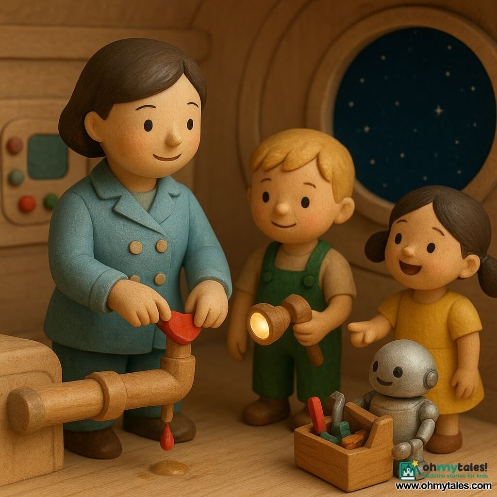 A smiling, serene woman captain with short brown hair and a light blue jacket with round buttons confidently presses a small shiny red patch onto a leaking pipe while an about 8-year-old blond boy in green overalls holds a wooden lamp to light the repair, a 5-year-old girl with two black pigtails in a yellow dress laughs and points at the round window, and a small round silver toy robot brings a colorful toolbox and rolls nearby; the scene is inside a painted wooden spaceship cabin with rounded panels, a circular porthole showing a dark blue starry sky, a control panel with red and green painted buttons, warm atmosphere, soft light, pastel colors, obvious wood textures, diorama composition focused on the action.
