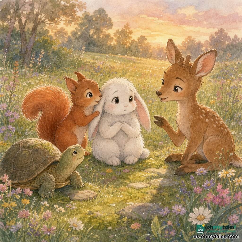 Un pequeño conejo blanco llamado Nube, pelaje esponjoso, ojos grandes y orejas ligeramente caídas, sentado sobre un cojín de hierba con las patas recogidas y expresión apacible; Lía, una ardilla roja de cola lustrosa, sonriente y susurrando, apoyando una pata en el hombro del conejo; Nico, un joven ciervo de pelaje castaño claro, orejas atentas, sentado un poco atrás contando una historia con voz baja; una tortuga sabia de caparazón verde y marrón observando con serenidad al frente; pradera amplia de flores silvestres y hierba ondulante bajo una luz dorada de tarde, árboles difuminados al fondo; ambiente íntimo, calmado e inclusivo con risas contenidas; estilo acuarela delicada con toques de bolígrafo gel blanco para iluminar ojos, pétalos y reflejos.