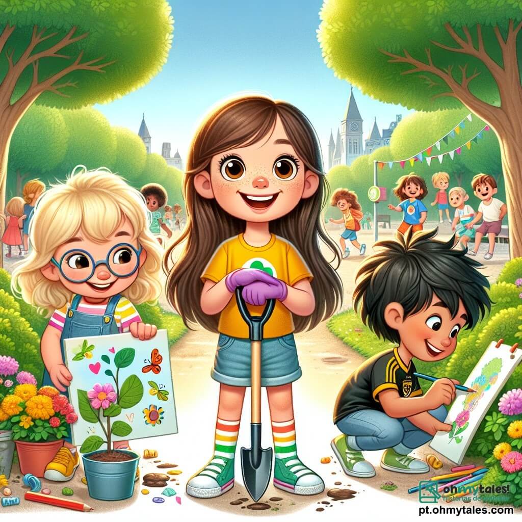 No centro da imagem, uma menina de 8 anos, Clara, com longos cabelos castanhos e olhos brilhantes de curiosidade, sorri alegremente enquanto segura uma pá e um pequeno vaso de flores coloridas. Ela veste uma camiseta amarela vibrante e um short jeans, e seu rosto expressa uma determinação cheia de esperança. À sua direita, Miguel, um garoto de 9 anos com cabelos pretos bagunçados e uma camisa de futebol, está recolhendo lixo com luvas. Ele parece concentrado e entusiasmado, pronto para ajudar sua amiga. À sua esquerda, Ana, uma menina de 8 anos com cabelos loiros e óculos redondos, desenha um grande cartaz com lápis coloridos, exibindo mensagens sobre a proteção do meio ambiente. Ela sorri, orgulhosa de seu trabalho. O local é um parque verdejante, cheio de árvores majestosas com folhas brilhantes e flores vibrantes. É possível ver crianças brincando ao longe, e o céu é de um azul brilhante, salpicado de algumas nuvens brancas fofas. A situação principal mostra Clara e seus amigos limpando o parque, plantando flores e pendurando cartazes coloridos nas árvores, enquanto riem e se encorajam mutuamente. A atmosfera é alegre e cheia de energia, ilustrando seu compromisso em proteger a natureza.