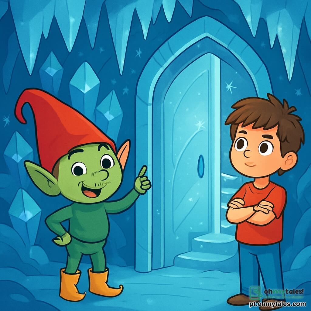 Um duende travesso, Tico, com um corpo verde vibrante, um grande chapéu vermelho pontudo e botas douradas brilhantes, está em frente a uma porta de gelo, exibindo um sorriso malicioso e olhos brilhantes de curiosidade. Ao lado dele, Lucas, um garoto de 10 anos com cabelos castanhos bagunçados e bochechas rosadas, observa a porta com admiração, braços cruzados e um olhar determinado. O local é uma caverna mágica, com paredes cintilantes de cristais azuis e estalactites de gelo pendendo como joias. A luz suave e prateada ilumina a cena, criando uma atmosfera encantadora. A situação principal mostra Tico explicando a Lucas que ele deve escolher um caminho mágico, enquanto a porta de gelo se abre lentamente, revelando uma escadaria espiral cintilante que desce para o desconhecido.