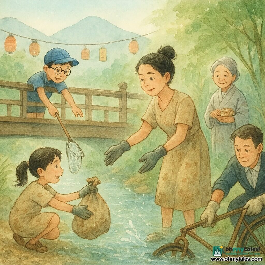Aki, about 30, calm determined face, black hair in a simple bun, mud-stained beige cotton dress, smiling slightly as she reaches with a gloved hand for a floating bottle; a boy of about 10 with a blue school cap worn askew and round glasses, curious and cheerful, leaning over the bridge railing with a net to catch a plastic bag; a girl of about 8 with a ponytail, impish focused expression, passing a bag of trash to Aki from the bank, feet covered in light mud; Mrs. Nao, about 70, gray hair in a bun, simple patterned kimono, holding a small basket of mochi and smiling warmly from the shade of a riverside cherry tree; the mayor, about 50, rolled-up suit, overly clean gardening gloves, slightly awkward but engaged, helping lift an old bicycle frame near a reed; setting: a small well-worn wooden bridge over a clear, pebble-strewn river with bamboo and reeds on the banks, paper lanterns along the railing, wooden votive plaques hanging on a rope, blue-tinged mountains in the background; scene: a community cleanup with cooperative gestures and smiles, baskets full of trash, splashes of clear water, and soft morning light turning the surface into watercolor strokes and white sparkling highlights.