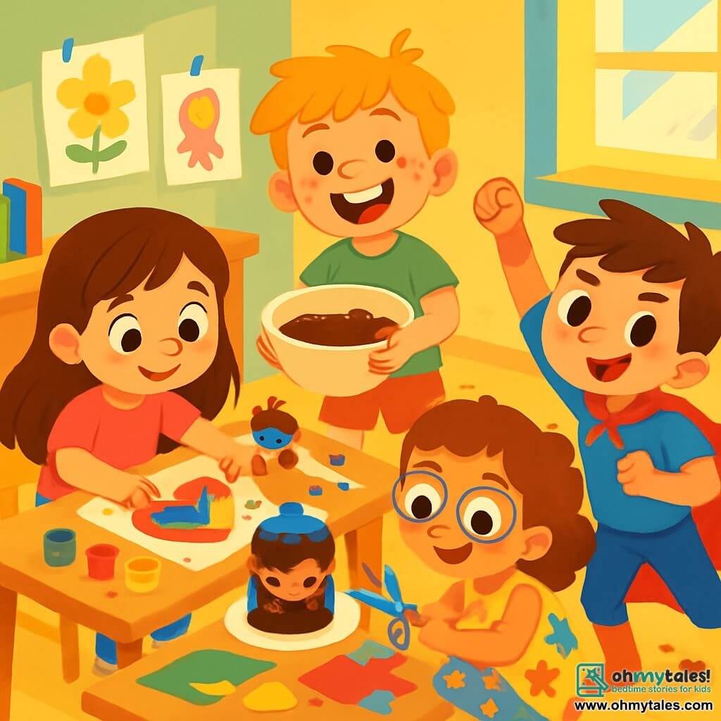 There are 4 children: Emma, a 6-year-old girl with long brown hair and sparkling eyes, wearing a pink t-shirt and blue pants, sitting at a table painting a colorful heart with her fingers. Jack, a 7-year-old boy with messy blonde hair and a big smile, wearing a green t-shirt and red shorts, stands next to the table holding a large bowl of cake batter with chocolate splatters on his face. Mia, a 6-year-old girl with curly hair and round glasses, wearing a floral dress, is crouched down cutting paper shapes with colorful scissors. Leo, a 7-year-old boy with brown hair and a mischievous look, wearing a blue t-shirt with a red cape, stands making superhero gestures with chocolate splatters on his cape. The main setting is a bright, colorful classroom with walls decorated with children's drawings, wooden tables covered with colored paper, paint pots, and cakes, illuminated by soft golden sunlight filtering through the windows. The scene shows the children preparing a surprise for Mother's Day, surrounded by colorful creations, laughing and having fun, with a superhero-shaped cake proudly sitting at the center of the table, covered in chocolate splatters.