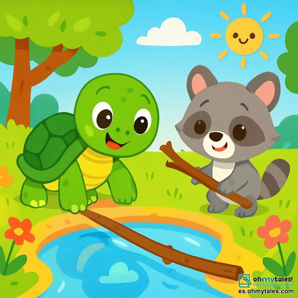 Una tortuga sonriente con un caparazón verde brillante y ojos chispeantes de emoción se encuentra al borde de un gran charco de agua clara, mirando el reflejo del cielo. A su lado, un pequeño mapache, Lolo, con un suave pelaje gris y grandes orejas curiosas, sostiene una rama mágica, listo para ayudarla. El charco está rodeado de flores coloridas y árboles con hojas verdes brillantes, bajo un cielo azul soleado. La tortuga duda, pero con el apoyo de Lolo, se prepara para cruzar el puente improvisado hecho de la rama.