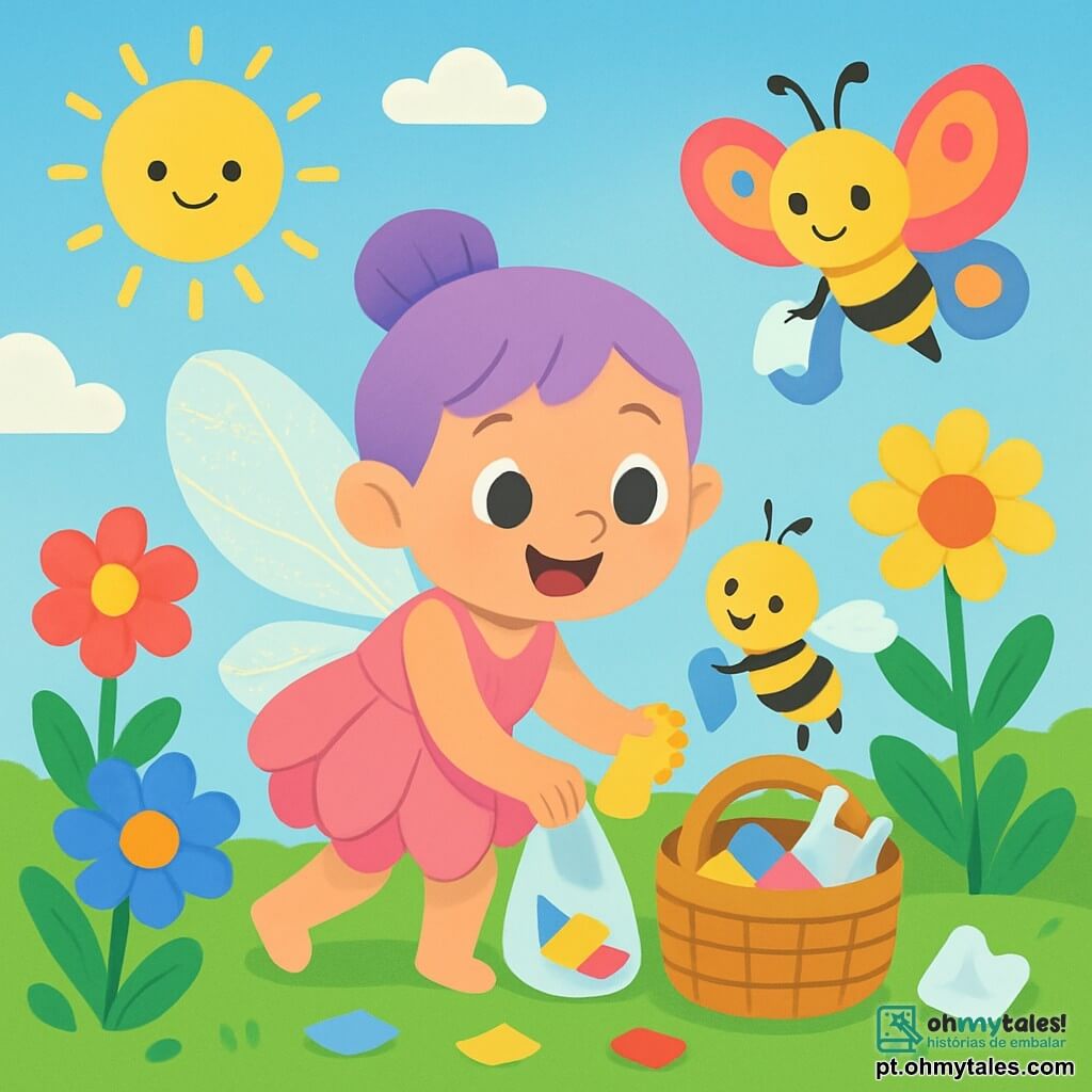 Uma pequena fada chamada Lila, com asas cintilantes e um vestido rosa, sorri alegremente enquanto coleta papéis coloridos e plásticos em um jardim ensolarado. Seus olhos brilhantes mostram sua determinação e felicidade. Ao lado dela, uma linda abelha com listras amarelas e pretas voa animadamente, ajudando a carregar um pequeno pedaço de plástico. Mais adiante, uma delicada borboleta com asas multicoloridas dança no ar, pronta para ajudar. O jardim é vibrante, repleto de flores de todas as cores: vermelhas, amarelas, roxas e azuis, com folhas verdes exuberantes. O sol brilha em um céu azul claro, e nuvens brancas flutuam suavemente. A cena mostra Lila e seus amigos limpando o jardim, enchendo uma grande cesta de lixo, enquanto as flores parecem sorrir ao redor, criando uma atmosfera alegre e cheia de esperança.