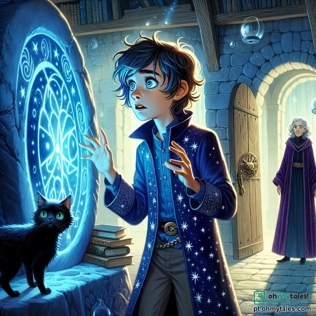 Caio, um jovem bruxo de 11 anos, tem cabelos desgrenhados e olhos brilhantes de curiosidade. Ele veste uma túnica azul-escura decorada com estrelas cintilantes. Seu rosto expressa admiração e um toque de preocupação enquanto se encontra diante de um círculo de pedras antigas, as mãos estendidas em direção à luz azulada que emana. Ao seu lado, Neblina, seu gato preto de olhos verdes penetrantes, esfrega-se em suas pernas, observando atentamente as pedras com uma expressão de mistério. Mais adiante, a diretora Zara, uma mulher idosa com cabelos prateados e um olhar sábio, está na sombra, vestida com um vestido de veludo roxo, observando Caio com um sorriso encorajador. A cena ocorre em um grande salão misterioso, iluminado por globos flutuantes que emitem uma luz suave. As paredes estão cobertas de livros antigos e prateleiras de madeira esculpida, enquanto uma porta secreta está entreaberta, revelando um mundo mágico além. Caio hesita diante do círculo de pedras, entre três caminhos luminosos que se desenham a seus pés, cada um brilhando com uma cor diferente, enquanto ele precisa fazer uma escolha crucial para o futuro das escolas de magia.