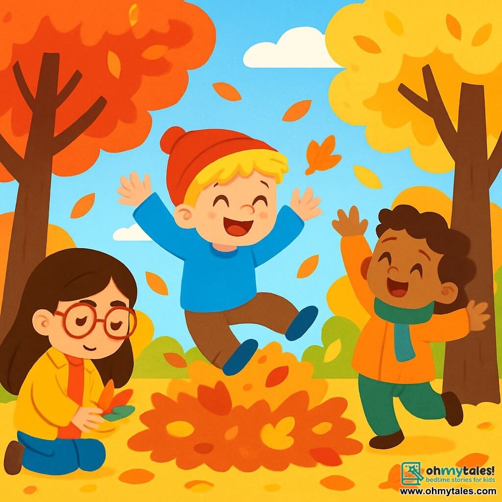 There are 4 children: Mia, a 6-year-old girl with long brown hair and pink glasses, wearing a yellow jacket and collecting colorful leaves; Jack, a 5-year-old boy with messy blonde hair, wearing a blue sweater and a red hat, joyfully jumping into a pile of leaves; Lily, a 6-year-old girl with curly hair and a green scarf, wearing an orange jacket and smiling while throwing leaves in the air; and Tom, a 5-year-old boy with brown hair and a mischievous smile, wearing a red coat and hiding behind a tree, ready to surprise his friends. The setting is a large autumn park filled with trees with vibrant red, orange, and yellow leaves. The ground is covered with a carpet of crunchy leaves, and the sky is a light blue with fluffy white clouds. The main scene shows the children playing together, laughing and having fun jumping into the leaves, creating a whirlwind of colors around them.
