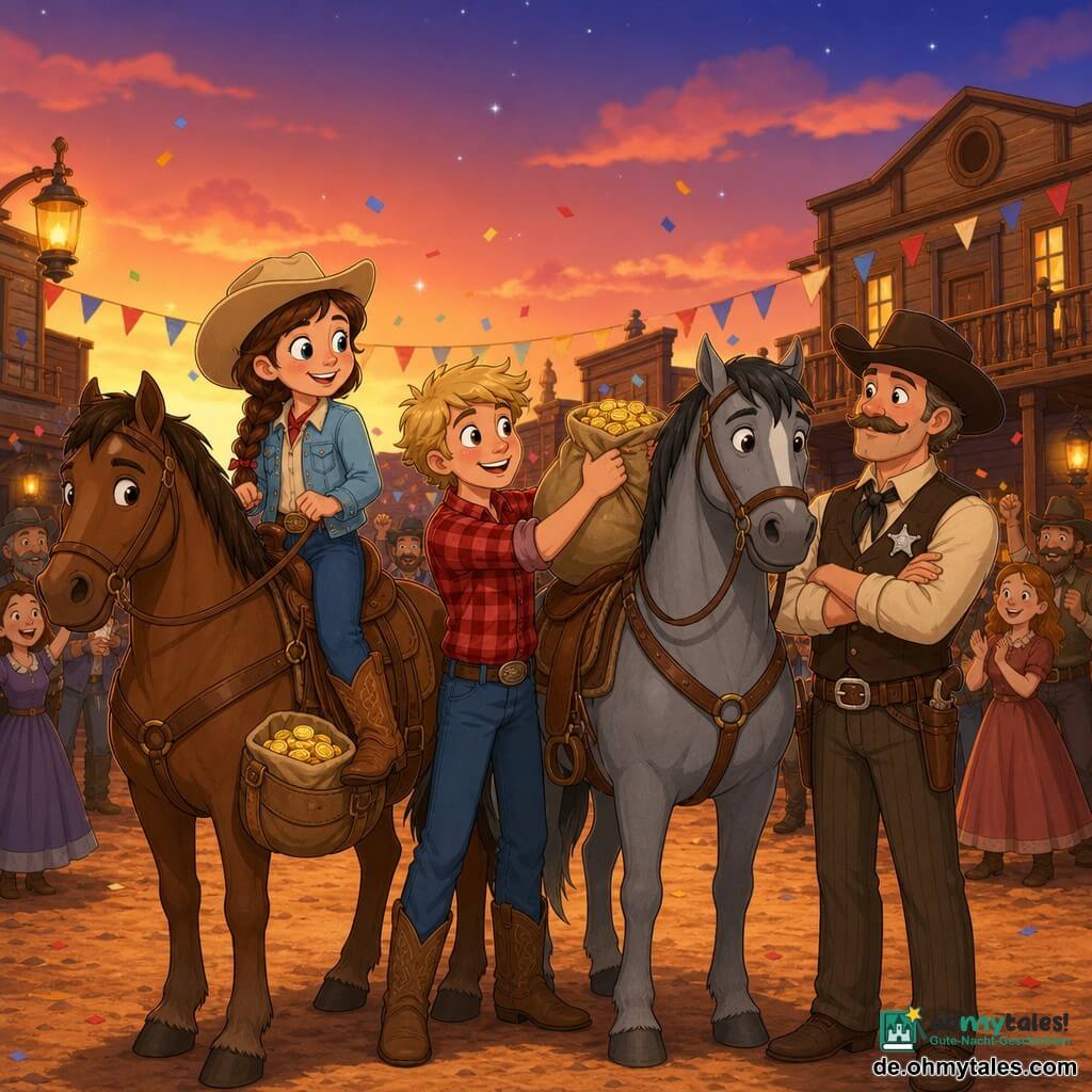 Cowgirl Emma, lächelnd und entschlossen, mit brauner Zopf, beiger Cowgirlhut, hellblauer Jeansjacke und Lederstiefeln hält die Zügel eines braunen Pferdes; der sichtbare Geldsack liegt auf dem Sattel. Der etwa 14-jährige Ben, fröhlich und stolz mit zerzausten blonden Haaren und rotem Karohemd, steht neben ihr und hilft, einen Sack Münzen auf sein graues Pferd zu laden. Der Sheriff, etwa 40 Jahre alt, mit beruhigender Ausstrahlung und silbernem Stern am Weste, wartet mit verschränkten Armen und betrachtet die Szene bewundernd. Auf dem Hauptplatz einer Kleinstadt im Wilden Westen bei Dämmerung mit ockerfarbenem Boden, Holzhäusern und beleuchtetem Saloon feiern die Bewohner im Hintergrund mit einfachen Fahnen und Konfetti, Atmosphäre siegreich, warm, farbenfroh und kindlich-stilisiert.