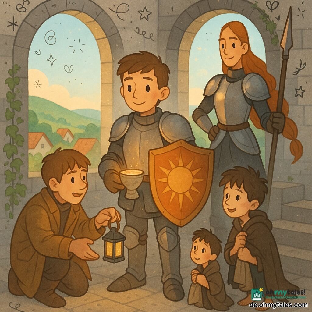 Ein junger Ritter, Sir Leon, bestimmt wirkendes Gesicht, leicht zerbeulte Rüstung und großer Schild mit bronzenem Sonnenornament, hält eine steinerne Schale, aus der warmes goldenes Licht strömt; er lächelt und blickt aufmerksam zum Horizont. Hinter ihm rechts steht die junge Kriegerin Elin (etwa 18), selbstsicher, Lanze erhoben, glänzende Rüstung und lange rote Zopf, beschützend wachend. Links von Leon hockt der schmiedelehrling Tomas (etwa 14), rundes neugieriges Gesicht, staubiger Ledermantel, und reicht einem Kind eine kleine eiserne Laterne. Vor den Stufen steht ein verlorener Junge (etwa 10) in Lumpen, mit leuchtenden Augen und einer Decke, bestaunt das Licht. Schauplatz: Gipfel eines grauen Steinturms mit hohen Bogenfenstern, Blick auf grüne Hügel und rote Ziegeldächer, Efeu an den Mauern und lichtdurchwirbelter Staub. Situation: Moment der Versöhnung und des Teilens — der Ritter reicht die leuchtende Schale dem Dorf unten, die Gefährten bereiten Laternen vor; warme Gold- und Blautöne, sanfte Kontraste, Atmosphäre von Hoffnung und Ruhe.
