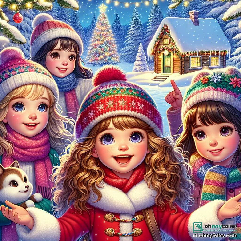 In een magische kerstscène staat Lotte, een 11-jarig meisje met krullend lichtbruin haar, in het midden met een felrode mantel en een wollen muts, met open armen, verwonderd over de schoonheid van het landschap. Rechts van haar staat Mila, een andere 11-jarige met lang blond haar en een kleurrijke sjaal, die vrolijk glimlacht terwijl ze een glinsterende kerstbal vasthoudt. Links kijkt Sara, een 10-jarig meisje met bruin haar en een pony, met grote ogen, terwijl Emma, een 11-jarig meisje met steil zwart haar, naar een klein feeëriek chalet wijst. De locatie is een charmant besneeuwd bos, waar de bomen bedekt zijn met een dikke laag glanzende sneeuw en lichtslingers tussen de takken fonkelen. Op de achtergrond staat een klein houten chalet, versierd met gekleurde lampjes en een gouden ster op het dak, dat een warme gloed uitstraalt. De hoofdsetting toont Lotte en haar vriendinnen die de magie van Kerstmis ontdekken, omringd door zacht vallende sneeuwvlokken, terwijl ze lachen en zich verwonderen over het elfenschalet, wat een sfeer van vreugde en vriendschap creëert.