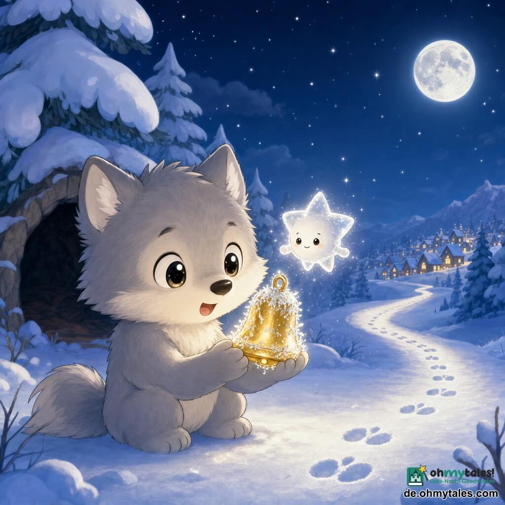 Ein junger hellgrauer anthropomorpher Wolf mit flauschigem Fell und großen glänzenden Augen zeigt einen neugierigen, erstaunten Ausdruck und hält vorsichtig ein kleines goldenes Glöckchen mit Eiskristallen zwischen den Vorderpfoten; daneben schwebt eine kleine, durchsichtige, funkelnde Stern-Fee mit rundem Körper und winzigen Armen, lächelnd und silbernes Licht auf den Schnee werfend; links im Hintergrund rahmen einige schneebedeckte Tannen in einfachen, runden Silhouetten den Eingang einer kleinen dunklen Höhle, rechts führt ein schneebedeckter Pfad mit Pfotenabdrücken im Mondlicht zu einem fernen Dorf mit warm gelben Fenstern; nächtliche Winterszene mit frischem Schnee, tiefblauem Himmel und großer silberner Mondscheibe, magische, sanfte Stimmung und warm-kalter Kontrast zwischen dem goldenen Glöckchen und der eisblauen Landschaft.