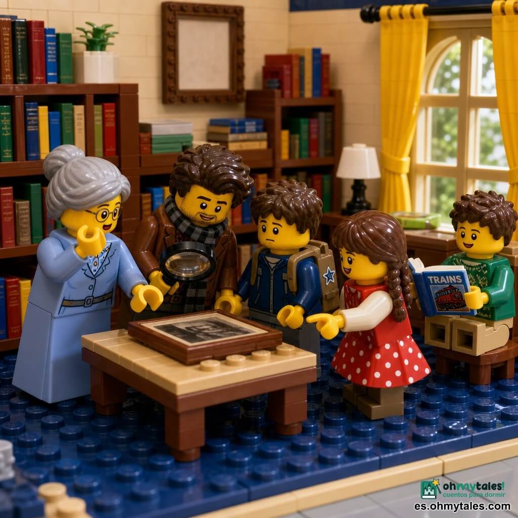 Un hombre, el detective Tomás, sonríe con picardía y sostiene una lupa sobre una mesa donde está una foto antigua; a su izquierda la señora Rosa, la bibliotecaria de cabello cano en moño y gafas redondas, señala la foto sorprendida; junto a la mesa, el niño de 8 años Leo, tímido con chaqueta azul y una estrella en la mochila, observa con las manos apretadas; a la derecha Martina, de 7 años y trenza, con vestido rojo de lunares, señala una pequeña huella en el marco de vidrio; el niño Hugo, de 6 años, en jersey verde, está sentado con un libro de trenes abierto; la escena transcurre en una biblioteca luminosa de ladrillos y estanterías LEGO coloridas, con grandes ventanas y una mesa de madera clara; el detective ha encontrado la foto desprendida del mural y todos lo rodean con expresión curiosa y aliviada, luz suave y ambiente cálido.