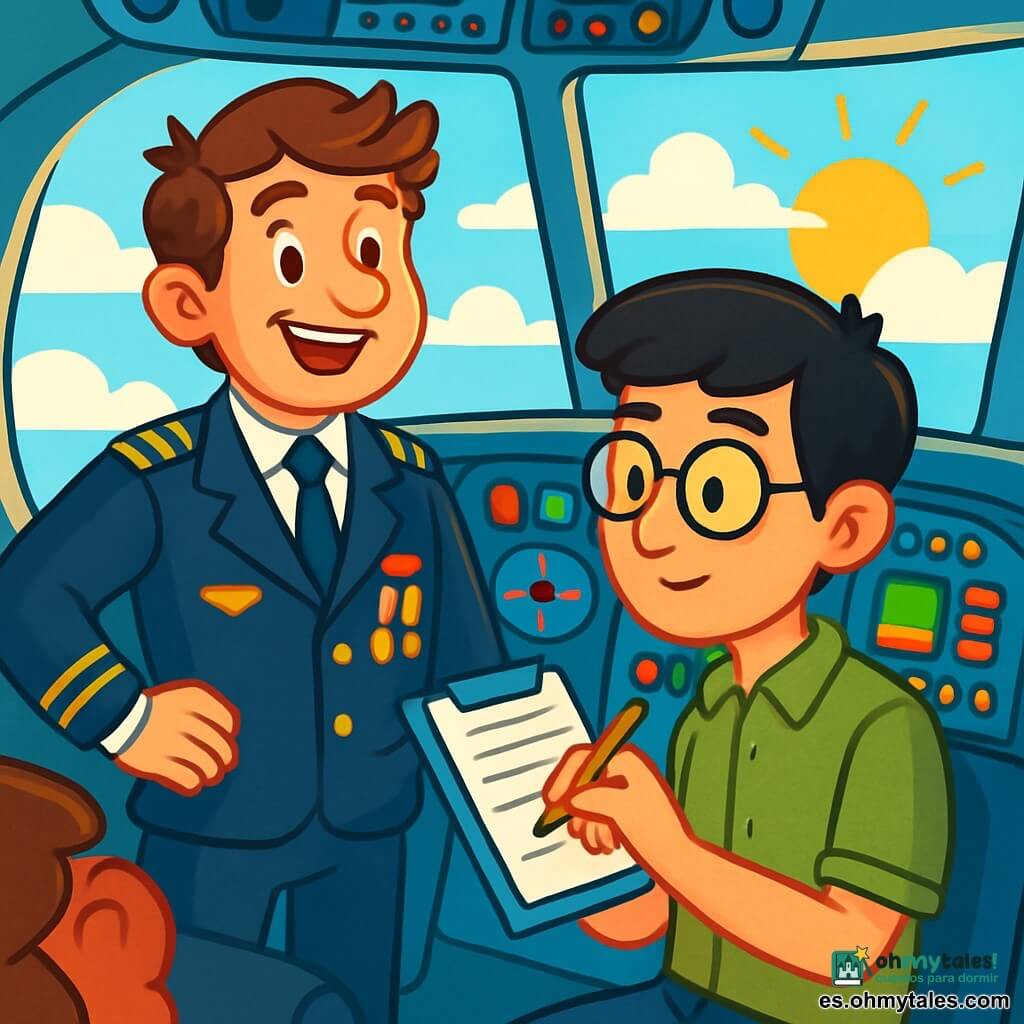 Un hombre, el capitán Mateo, está en la cabina de un avión, con una amplia sonrisa de orgullo en su rostro. Lleva una camisa blanca impecable y una chaqueta de piloto adornada con medallas brillantes. Sus cabellos castaños están ligeramente desordenados por el viento y sus ojos brillan de emoción. A su lado, un joven, Javier, de unos 25 años, observa atentamente los instrumentos de vuelo. Tiene el cabello negro y gafas redondas que le dan un aire estudioso. Javier sostiene un panel de control con una mano y toma notas en una libreta con la otra. La cabina está llena de luces parpadeantes e instrumentos coloridos, con grandes ventanas que ofrecen una vista espectacular de un cielo azul salpicado de nubes blancas y el sol poniente que ilumina el horizonte con una suave luz dorada. La situación principal muestra a Mateo y Javier preparando el vuelo, con Mateo explicando calmadamente a Javier cómo usar los instrumentos. La atmósfera es alegre y llena de anticipación mientras se preparan para despegar hacia nuevas aventuras en el cielo.