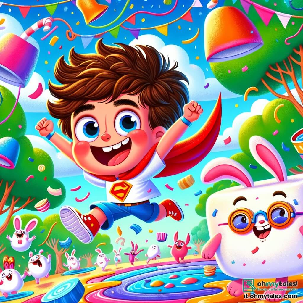 Un ragazzo di 8 anni, di nome Luca, con capelli castani disordinati e un grande sorriso meravigliato, indossa un costume da supereroe rosso con un mantello che fluttua. Sta saltando gioiosamente su un trampolino a forma di marshmallow, con le braccia alzate verso il cielo, pieno di entusiasmo e felicità. Accanto a lui, un coniglio rosa con occhiali da sole, Rodolfo, un po' più alto di Luca, balla tenendo un libro, con un'espressione divertita sul volto. Lo sfondo è un mondo fantastico, pieno di alberi con foglie blu e nuvole verdi, dove tazze di tè volanti e palloni ridanciani fluttuano nell'aria. La scena si svolge in mezzo a una festa colorata, con festoni dai colori vivaci e coriandoli che cadono dal cielo. Luca e Rodolfo partecipano a una corsa stravagante, circondati da creature strane che ballano e cantano, mentre una pioggia di gelato multicolore cade intorno a loro, creando un'atmosfera gioiosa e assurda.