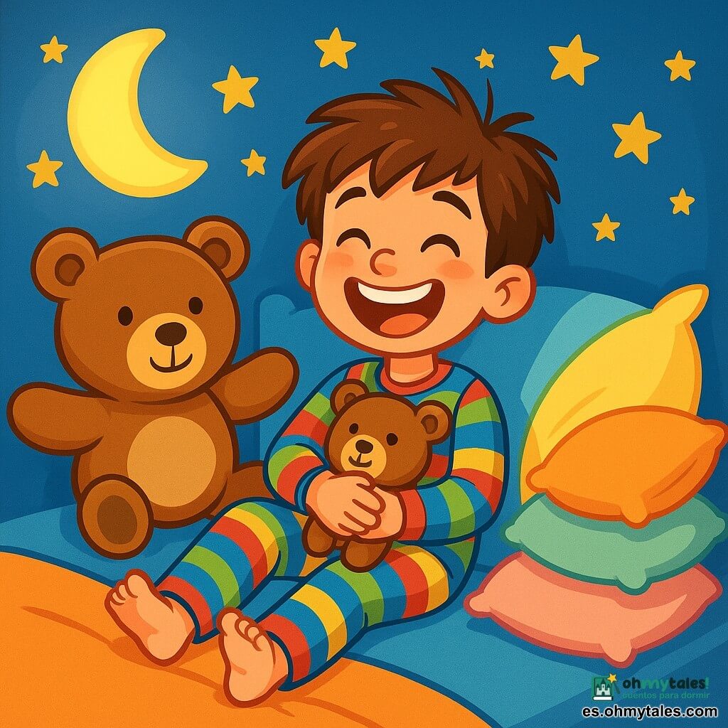 Un niño de 8 años, con cabello castaño desordenado y una gran sonrisa brillante, está acostado en su cama. Lleva un pijama de rayas coloridas y abraza a su oso de peluche, Don Bigotes, contra su pecho. Sus ojos brillan de alegría y emoción. Junto a él, un gran y suave peluche en forma de oso, con una cara amigable y brazos abiertos, parece listo para abrazarlo. Al otro lado de la cama, una pila de almohadas esponjosas, en colores pastel, forma una montaña divertida. La escena tiene lugar en una habitación cálida, con paredes pintadas de azul cielo y estrellas doradas pegadas al techo. Una lámpara en forma de luna ilumina suavemente la habitación, creando una atmósfera mágica. El niño ríe a carcajadas, mientras su cama hace cosquillas, y las almohadas bailan a su alrededor, creando un ambiente alegre y lúdico, lleno de risas y dulzura.
