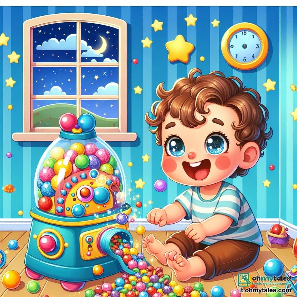 Un bambino di 2 anni di nome Leo, con grandi occhi scintillanti e capelli ricci, è seduto per terra, circondato da caramelle colorate che cadono dal cielo. Ride di gusto, le sue guance rosa e il suo sorriso brillante mostrano la sua gioia. Accanto a lui, una macchina magica dalle forme strane e colorate, con pulsanti brillanti e luci lampeggianti, emette suoni divertenti e ha un'espressione gioiosa, quasi come un volto sorridente. Lo sfondo è una cameretta per bambini decorata con allegria, con pareti dipinte di azzurro, stelle dorate appese al soffitto e giocattoli sparsi. Una finestra aperta fa entrare la luce della luna, aggiungendo un'atmosfera magica alla scena. Leo è stupito dalla pioggia di caramelle che cade intorno a lui, mentre la macchina magica continua a creare sorprese divertenti, trasformando le dolci in patate e palloni colorati, riempiendo la stanza di risate e meraviglia.