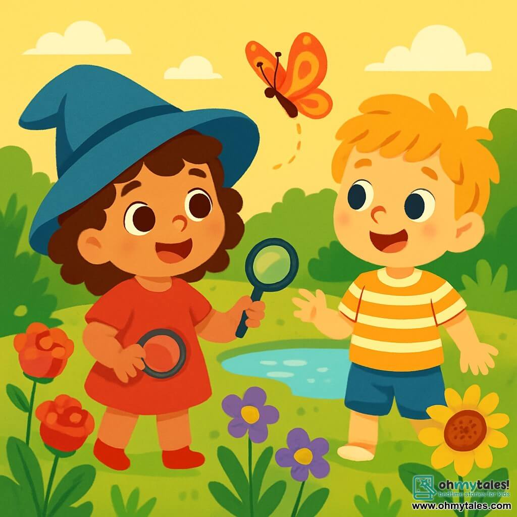 A 2-year-old girl with big, bright eyes and curly hair wears a magical blue hat. She smiles in wonder, holding a small plastic magnifying glass, ready to explore her garden. Next to her, a 3-year-old boy with messy blonde hair and a striped t-shirt curiously watches a colorful butterfly fluttering around them. The garden is filled with vibrant flowers, such as red roses, yellow sunflowers, and violets. A small pond sparkles in the sun, surrounded by tall green bushes and grasses. In this scene, the little girl is about to follow the butterfly, her eyes sparkling with joy and excitement, while the little boy encourages her with a big smile.