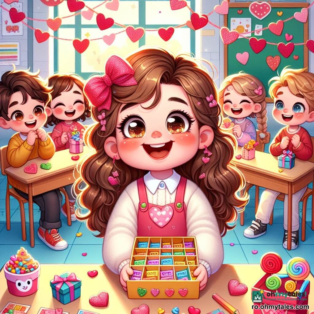 O fetiță de 8 ani, numită Elena, cu părul lung și buclat și un zâmbet strălucitor, se află în centrul scenei, ținând o cutie colorată plină cu bilete mici. Ochii ei strălucesc de emoție și bucurie, în timp ce îi privește pe colegii ei cu entuziasm. Lângă ea, o fetiță cu părul împletit, Ana, tot de 8 ani, zâmbește larg primind un bilet, obrașii ei fiind ușor rumeniți de entuziasm. Un băiat cu ochii sclipitori, Mihai, stă puțin mai în spate, râzând și așteptându-și rândul, cu brațele încrucișate pe piept. Scena are loc într-o clasă luminoasă, decorată cu inimi din hârtie roșie și roz suspendate de tavan. Birourile sunt împodobite cu bomboane colorate și prăjiturele în formă de inimă, creând o atmosferă festivă și călduroasă. Elena distribuie cu bucurie complimente scrise pe bilete colorate prietenilor săi, creând un moment de împărtășire și fericire, unde fiecare copil se simte special și iubit.