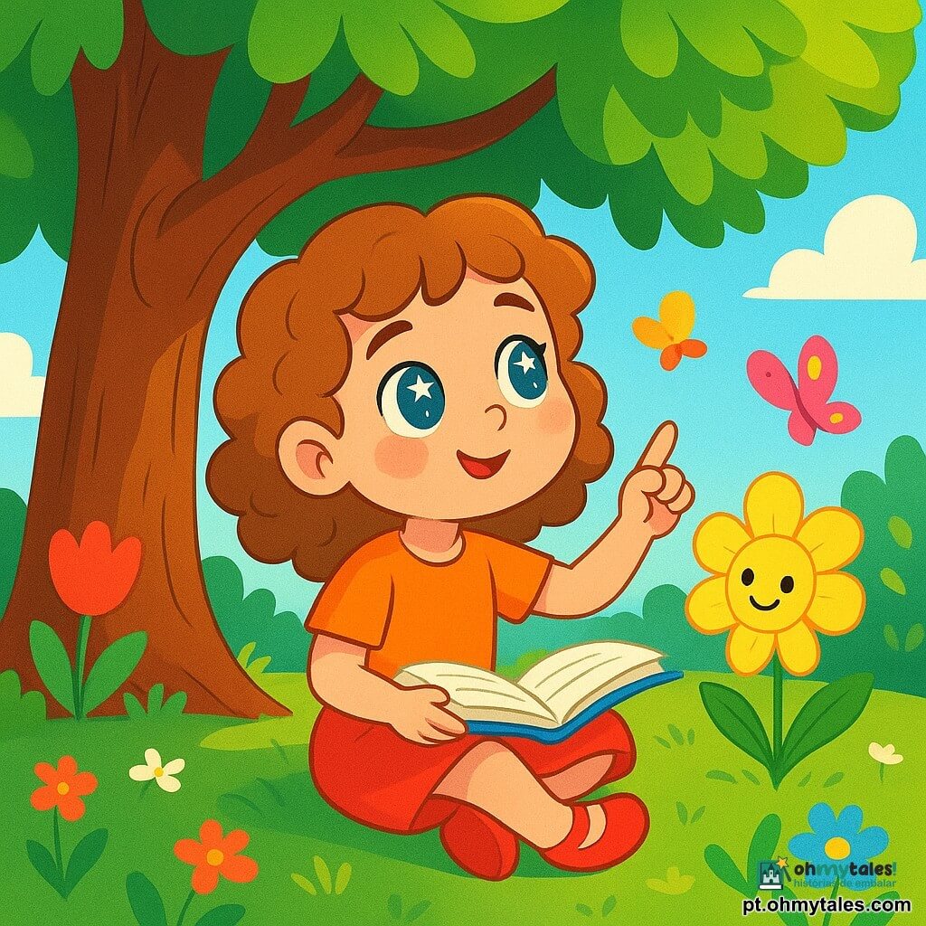 Uma menina de 4 anos, Lili, com olhos brilhantes como estrelas e cabelos cacheados, está sentada sob uma grande árvore com folhas verdes vibrantes. Ela exibe um sorriso curioso e sonhador, segurando um livro aberto em seu colo, com as páginas dançando suavemente ao vento. Ao seu lado, uma pequena flor amarela, com pétalas delicadas e um rosto sorridente, parece sussurrar segredos para ela. O local é um jardim encantado, repleto de flores coloridas e borboletas dançantes, onde o sol filtra através dos galhos, criando sombras dançantes no chão. Lili, maravilhada, faz uma pergunta ao vento, enquanto as flores ao seu redor parecem ouvir atentamente, criando uma atmosfera mágica e cheia de mistério.