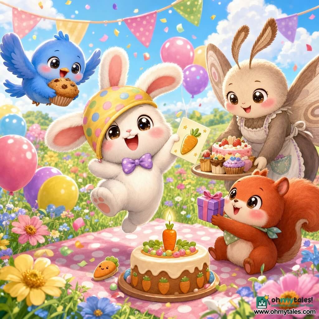 The main character is a chibi white rabbit with round shiny eyes, pink cheeks and a big smile, wearing an oversized party hat slipping over one eye, holding a card with a golden carrot sticker and joyfully jumping in a dynamic pose; a soft-feathered blue chibi bird smiling and holding a warm muffin hovers just above the rabbit’s head to the left; a red chibi squirrel with sparkling eyes sits on a blanket to the right offering a small purple gift box; Mrs. Moth, a round friendly moth in an apron, stands behind the group placing a tray of cakes on the cloth; the scene is Sunbeam Meadow with tender green grass, colorful flowers, pastel bunting, floating balloons and a polka-dot cloth, under a light blue sky with fluffy clouds; the overall situation is a bright, joyful birthday party with confetti, balloons and a decorated cake topped with a small wax carrot and candle.