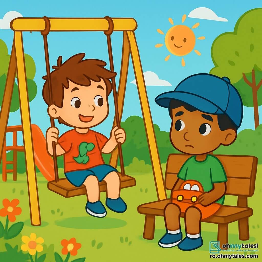 Există două personaje principale: Luca, un băiat de 5 ani, cu părul castaniu și ochi strălucitori, îmbrăcat într-un tricou roșu cu un dinozaur și o pereche de pantaloni scurți albaștri, stând pe o leagăn și zâmbind prietenos către Amir; și Amir, un băiat de 5 ani, cu părul negru și ten măsliniu, purtând o șapcă mare albastră și un tricou verde, stând singur pe o bancă de lemn, ținând în mâini o mașinuță de plastic, având un aer puțin timid. Acțiunea se desfășoară într-o curte de joacă însorită, înconjurată de copaci verzi și flori colorate, cu jocuri din lemn, leagăne și un tobogan roșu aprins, iar râsetele altor copii se aud în aer. Povestea ilustrează cum Luca, stând pe leagăn, îl privește pe Amir de pe bancă, întrebându-se cum să-l invite să se joace împreună, în timp ce Amir pare puțin trist și izolat. Cei doi băieți sunt pe cale să facă un pas spre prietenie.