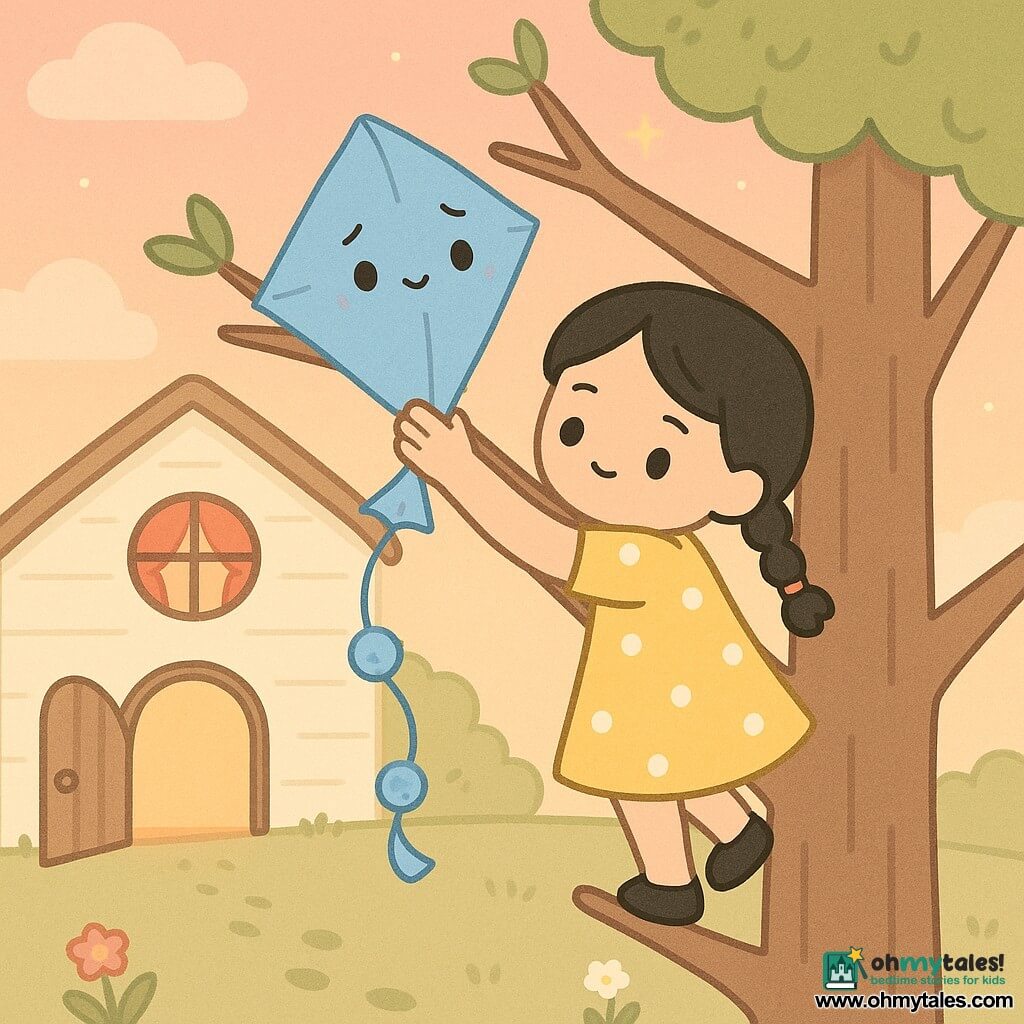 The main character is Kiki, a small bright-blue fabric kite with a long pompom tail and a relieved, shy expression, perched on a high fragile branch with slightly crumpled corners; secondary is Meera, a little girl with black hair in two braids wearing a yellow polka-dot dress and a gentle, determined look, who carefully climbs the tree and gently lowers Kiki in a protective, calm gesture; in the background left behind the tree is a cream wooden cottage with a round window, red curtains, an open door and warm light; the sky is a soft pink-orange twilight with cottony clouds and faint stars, the ground a grassy meadow with simple flowers and drawn footsteps leading to the tree, overall a safe, comforting mood with soft colors, rounded silhouettes and a centered composition.