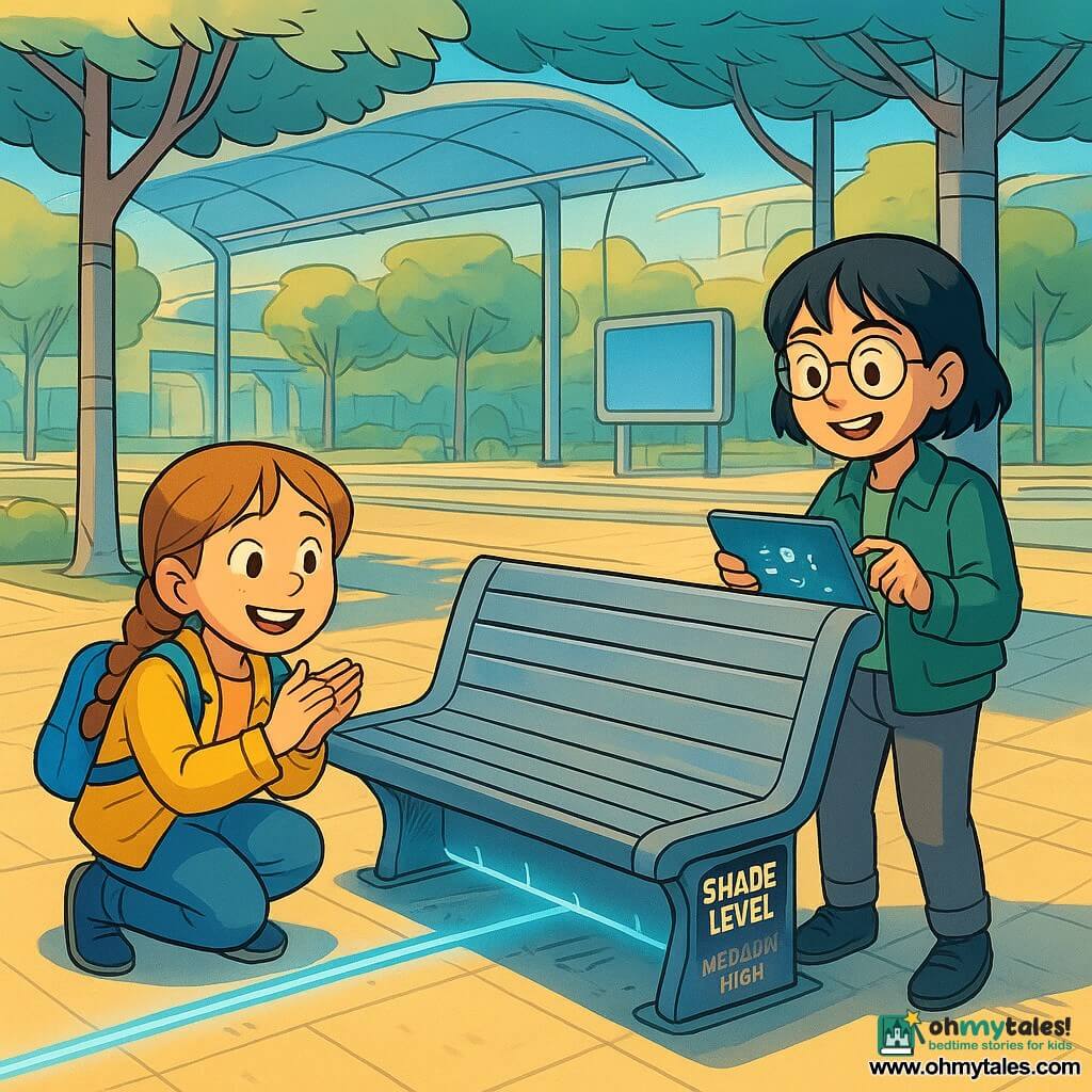 Two girls: Mila, 9, light brown hair in two braids, small yellow jacket and blue backpack, sits on a small bench at left clapping with delight and watching the moving bench; Zoe, 10, short black hair, round glasses, gray pants and green jacket, stands at right holding a thin tablet with glowing icons, tapping to command the bench. Setting: Sunfall Plaza, a futuristic urban square with pale sand-colored patterned paving, slim-trunk trees with silver sensors, a darkening transparent canopy, suspended silver tram rails, a thin urban screen and a small drone charging station in the background. Main scene: a modern metal bench glides on hidden casters from sun into shade under a tree, blue light lines on the ground mark its path, faint mechanical sparks, the bench display reads SHADE LEVEL — MEDIUM-HIGH; both girls look satisfied, warm lighting with strong sun/shade contrast, bright clean color palette, crisp lines and stylized European comic architecture.