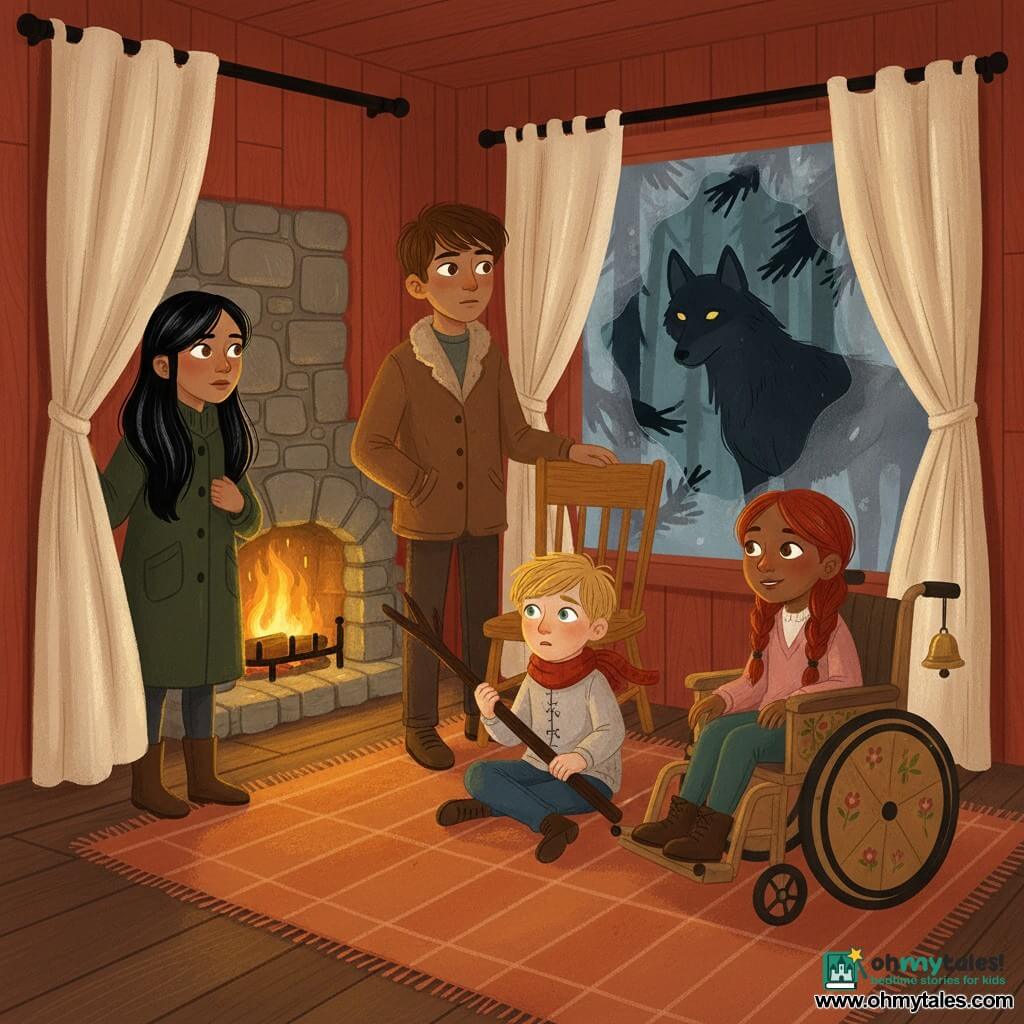 Four children in a warm, paneled red wooden cottage by a dark pine forest: Clara, 12, long glossy black hair and hazel eyes, wearing a dark green coat, stands left by the fogged window with one hand on the closed cream curtain; Theo, 14, tall and calm with short chestnut hair and a brown wool jacket, stands slightly right behind Clara with a protective hand on a chair back; Jonas, 10, small and lively with tousled blond hair and a red scarf, sits center on the thick brick-colored rug holding a large wooden stick, worried but curious; Elsie, 9, red hair in a braid in a painted wooden wheelchair with a small bell hanging from it, sits front right near the hearth with a reassuring smile. Thick curtains are drawn, a fire casts a golden-orange glow against the cold, wet darkness outside where, through branches, the yellow eyes of a thin dark wolf watch them from the shadowed pines, creating a tense yet secure atmosphere.