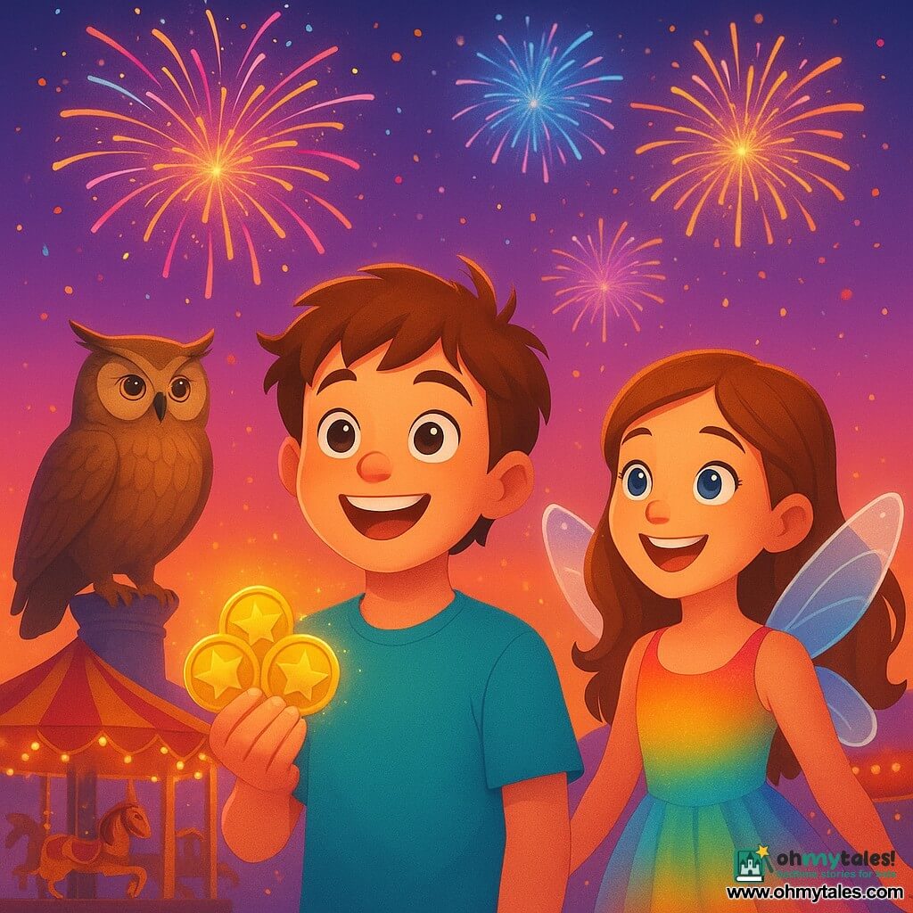 12-year-old boy center, round face, tousled light-brown hair, bright eyes, euphoric amazed expression, holding four sparkling gold tokens; about 11-year-old girl to his right in a rainbow fairy dress with slightly glowing translucent wings, smiling widely and watching fireworks; wise old owl on a pedestal behind them with detailed brown-ochre feathers, gentle gaze and partly open wings as if blessing the scene; carnival square at twilight with red-and-yellow striped tents, warm string lights, a glossy horse carousel with sparkling mirrors, drifting confetti; multicolored fireworks bursting in a purple-orange gradient sky with luminous trails and golden sparks reflecting on faces; joyful mood, saturated colors, strong contrast, smooth textures and rounded shapes, clear centered composition suitable for children.