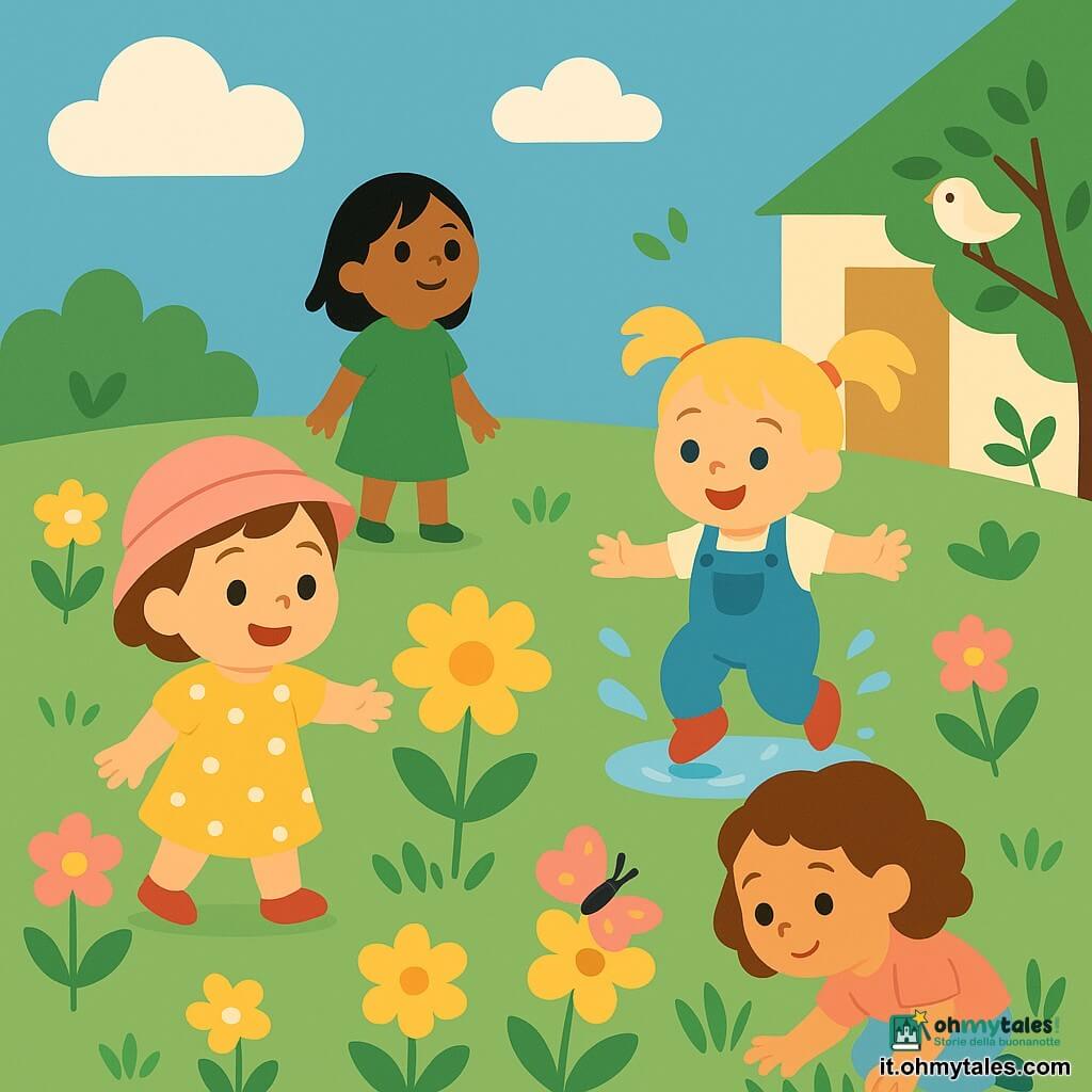 Ci sono quattro bambine di circa 2 anni: Anna, capelli castani corti, cappellino rosa e vestito giallo a pois, al centro-sinistra mentre sorride verso un grande fiore giallo; Sofia, capelli biondi a codini, salopette blu e scarpe rosse, a destra che salta in una piccola pozza con schizzi; Marta, capelli neri lisci, vestito verde, sullo sfondo in piedi sull'erba che guarda una nuvola in alto a sinistra; Giulia, capelli castani ricci, maglietta rosa e jeans chiari, in primo piano a destra accovacciata a toccare l'erba e osservare una piccola farfalla colorata su un fiore; luogo: giardino primaverile luminoso con erba verde, fiori gialli e rosa, un arbusto con un uccellino, cielo azzurro con nuvole bianche e una casa crema con porta aperta sullo sfondo; situazione: le quattro esplorano il giardino al mattino, movimento dolce e risate leggere, elementi visibili: farfalla colorata, gocce d'acqua attorno alla pozzanghera e foglie mosse dal vento.