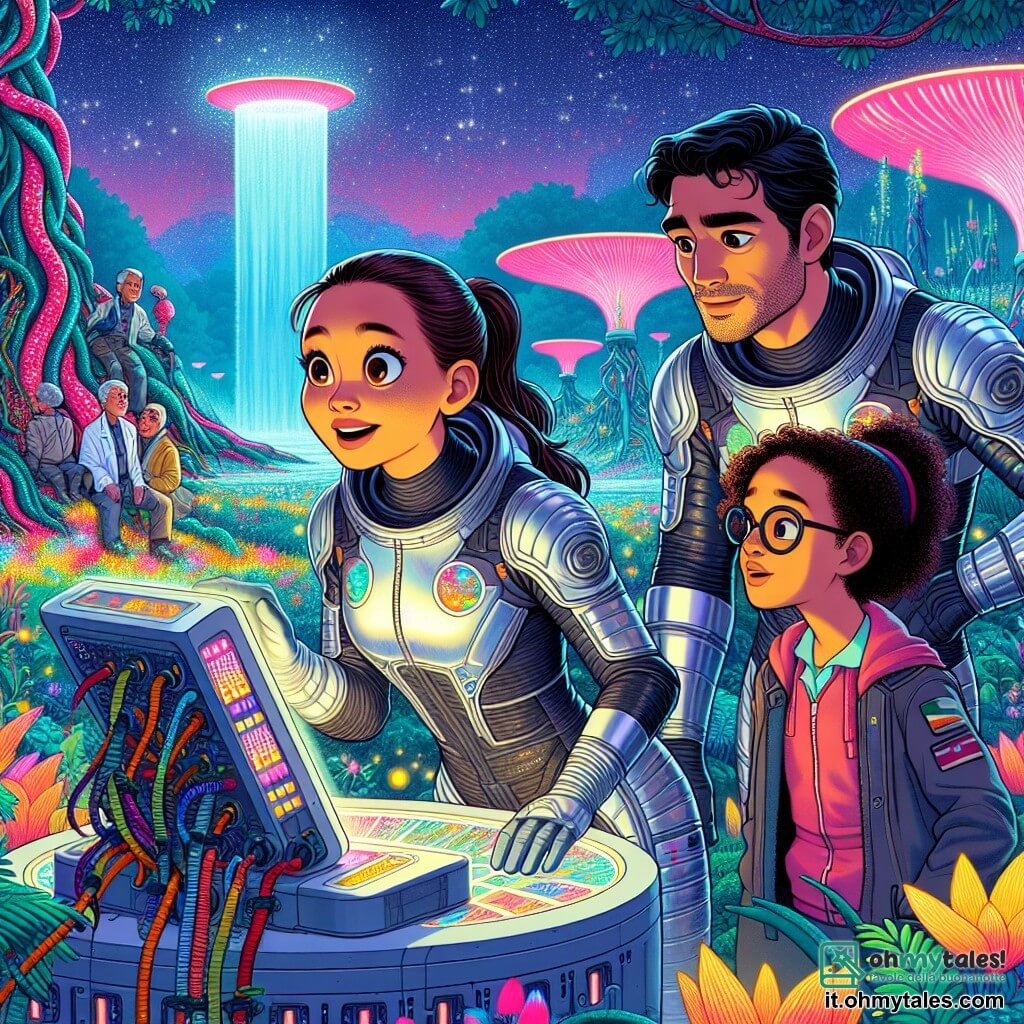 Lara, una donna di circa trent'anni con capelli castani raccolti in una coda di cavallo, indossa una tuta spaziale brillante e futuristica. Il suo viso esprime eccitazione e meraviglia mentre osserva un magnifico paesaggio extraterrestre, con gli occhi spalancati dalla curiosità. Accanto a lei, Marco, un uomo di circa 35 anni con occhiali e barba ben curata, esamina con concentrazione strumenti scientifici, circondato da cavi e luci lampeggianti, lanciando sguardi ammirati verso Lara. Sara, una giovane donna di vent'anni con capelli ricci e pelle chiara, sta raccogliendo campioni di piante colorate, affascinata dalla loro bellezza. Il paesaggio è un mondo alieno vibrante, con alberi giganti dai tronchi multicolori, fiori luminescenti e un cielo punteggiato di stelle scintillanti. In lontananza, una cascata d'acqua cristallina scende da rocce scintillanti, aggiungendo un tocco di magia a questo paesaggio fantastico. La scena principale mostra Lara e il suo team che scoprono questo nuovo ambiente, pieni di meraviglia ed eccitazione, pronti a esplorare le meraviglie di questo mondo sconosciuto.