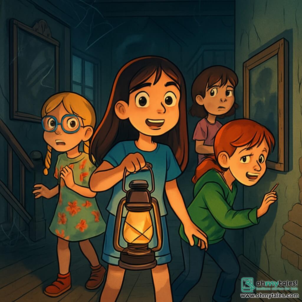 There are 4 children: Mia, a 10-year-old girl with long brown hair and sparkling eyes, wearing a blue t-shirt and denim shorts, stands in the center holding an old lantern that illuminates her curious face. Zoe, a 9-year-old girl with braided blonde hair and round glasses, wearing a floral dress, looks around with a mix of excitement and fear, slightly to the left of Mia. Lila, a 10-year-old girl with red hair and freckles, in a green hoodie and black pants, is to the right of Mia, leaning towards an old photo on the wall, fascinated. Emma, a 10-year-old girl with brown hair and bangs, wearing a pink t-shirt and jeans, stands behind Mia with crossed arms, showing a worried expression. 

The setting is an old abandoned house with decrepit wooden walls and dusty windows. The light from Mia's lantern casts dancing shadows on the worn wooden floor. Cobwebs hang from the corners, and an old tarnished mirror reflects blurry silhouettes. The atmosphere is dark and mysterious, with a slight mist floating in the air. 

The main scene shows the children exploring the house, with Mia holding the lantern ahead, lighting the way. The other children look around, intrigued and a bit scared, while mysterious whispers seem to echo in the air, adding a touch of anxiety to their adventure.
