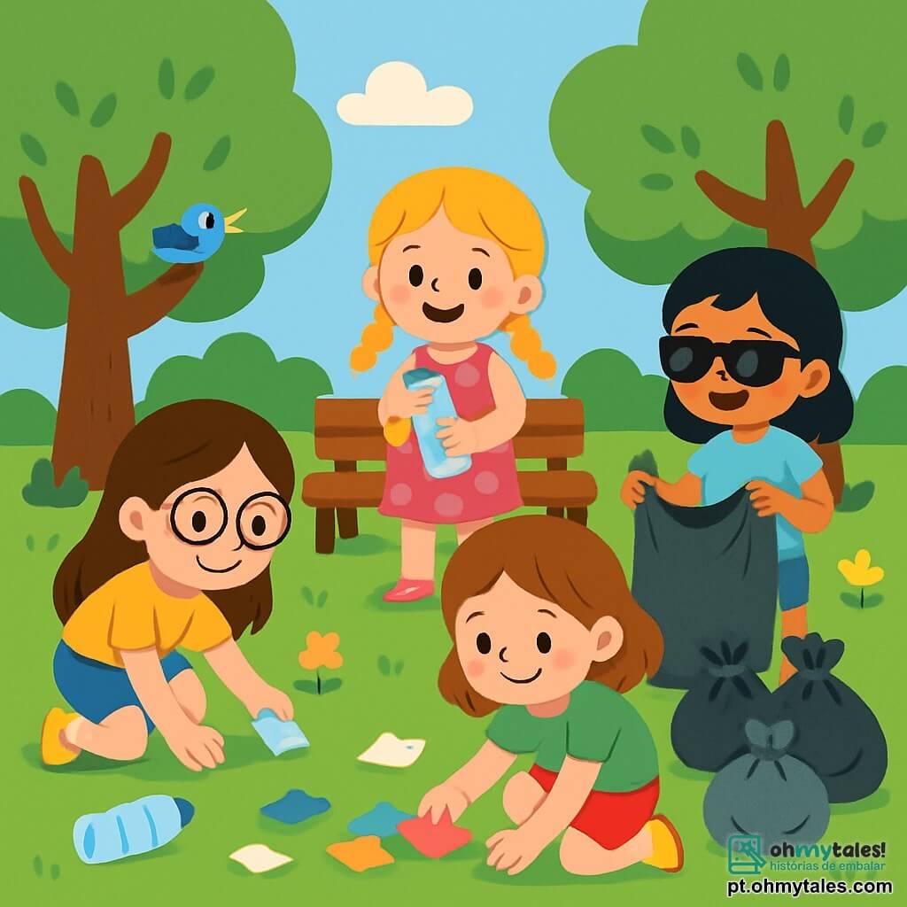 Há 4 crianças: - Ana: uma menina de 8 anos, com longos cabelos castanhos e óculos redondos. Ela usa uma camiseta amarela e um short azul. Ana está pegando um pedaço de plástico na grama. - Bia: uma menina de 7 anos, com cabelos loiros trançados e um sorriso radiante. Ela veste um vestido rosa com flores. Bia está perto de uma árvore, segurando uma garrafa de plástico nas mãos. - Clara: uma menina de 8 anos, com cabelos castanhos e sardas. Ela usa uma camiseta verde e um short. Clara está agachada, recolhendo papéis coloridos. - Duda: uma menina de 7 anos, com cabelos negros e óculos de sol. Ela veste uma camiseta azul clara e um short jeans. Duda está em pé, contando os sacos de lixo que elas coletaram. O local da ação é um parque verde, cheio de árvores majestosas, flores coloridas e um gramado bem cuidado. Há um banco de madeira no centro, cercado por risadas de crianças brincando e pássaros cantando. Lixo está espalhado na grama, mas as crianças se esforçam para limpar o espaço. A cena mostra as quatro amigas sorridentes e determinadas, coletando lixo para deixar o parque mais bonito, trabalhando juntas e aprendendo a importância de cuidar do meio ambiente.
