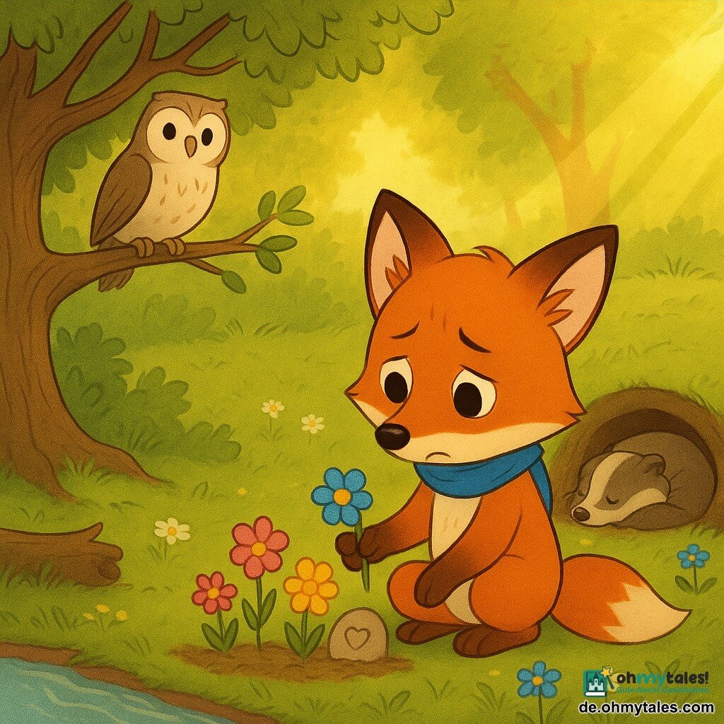 Die Hauptfigur ist ein kleiner rotbrauner Fuchs namens Finn, traurig aber gefasst, mit leuchtend haselnussbraunen Augen, weichem Fell und einem kleinen blauen Schal, kniend und behutsam bunte Blumen pflanzend; Nebenfigur Bruno, ein alter Dachs mit graubraunem Fell und friedlichem Gesicht, schläft eingerollt am Eingang eines Baues im Hintergrund; Nebenfigur Olga die Eule sitzt auf einem dicken Ast einer nahen Eiche, creme- und bräunliches Gefieder, sanfter Blick und beobachtet die Szene von links; Schauplatz eine lichtdurchflutete Waldlichtung an einem kleinen Bach, grünes Gras mit Gänseblümchen und Kornblumen, Moosstamm und goldene Sonnenstrahlen durch das Laub; Situation: Finn legt vor dem Bau einen kleinen Gedenkgarten aus leuchtenden Blumen an, setzt einen bemalten Stein nieder und flüstert einen zärtlichen Abschied, melancholische aber ruhige Stimmung, warme Farben und weiche Konturen.