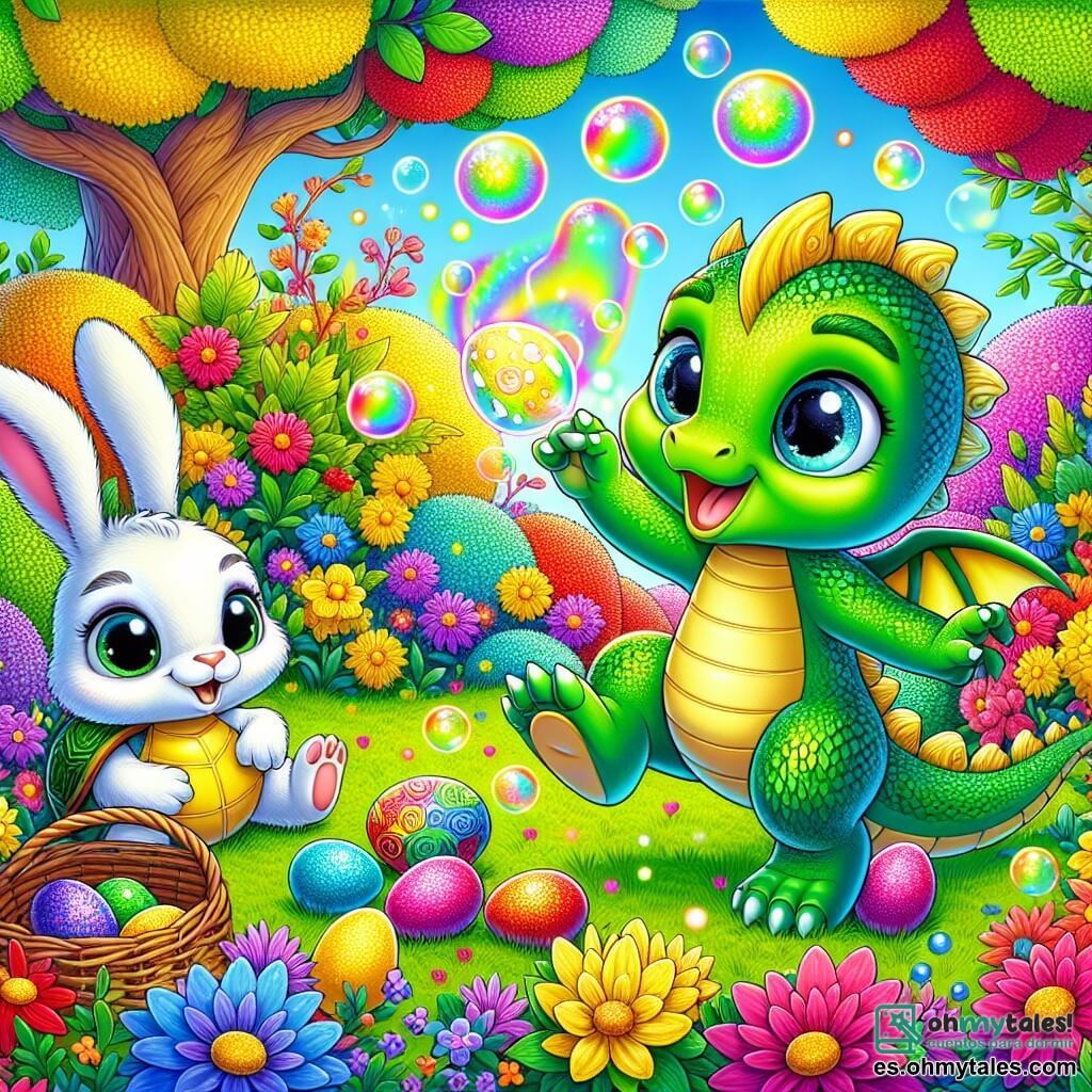 Un pequeño dragón llamado Dimi, con escamas verdes brillantes y ojos chispeantes de alegría, está saltando de felicidad en medio de un jardín colorido, rodeado de flores vibrantes de todos los colores. Sopla burbujas de jabón multicolores que flotan a su alrededor, creando una atmósfera mágica. A su lado, una tortuga llamada Tula, con un caparazón rayado de verde y amarillo, mira a Dimi con una sonrisa maravillada, sus ojos redondos brillando de emoción. Está sentada en la hierba, lista para ayudarlo en su búsqueda. Un pequeño conejo llamado Buni, con un pelaje blanco esponjoso y grandes orejas, salta alegremente cerca de Dimi, sus ojos brillando de entusiasmo. Lleva una pequeña cesta de mimbre llena de huevos de colores, listo para esconderlos. El lugar es un jardín encantador, lleno de flores vibrantes, arbustos frondosos y un gran árbol majestuoso bajo el cual se esconde un huevo dorado brillante, iluminado por los rayos del sol. La situación principal muestra a Dimi y sus amigos en plena búsqueda del huevo dorado, rodeados de burbujas coloridas y risas, mientras descubren un mundo mágico lleno de sorpresas y amistad.