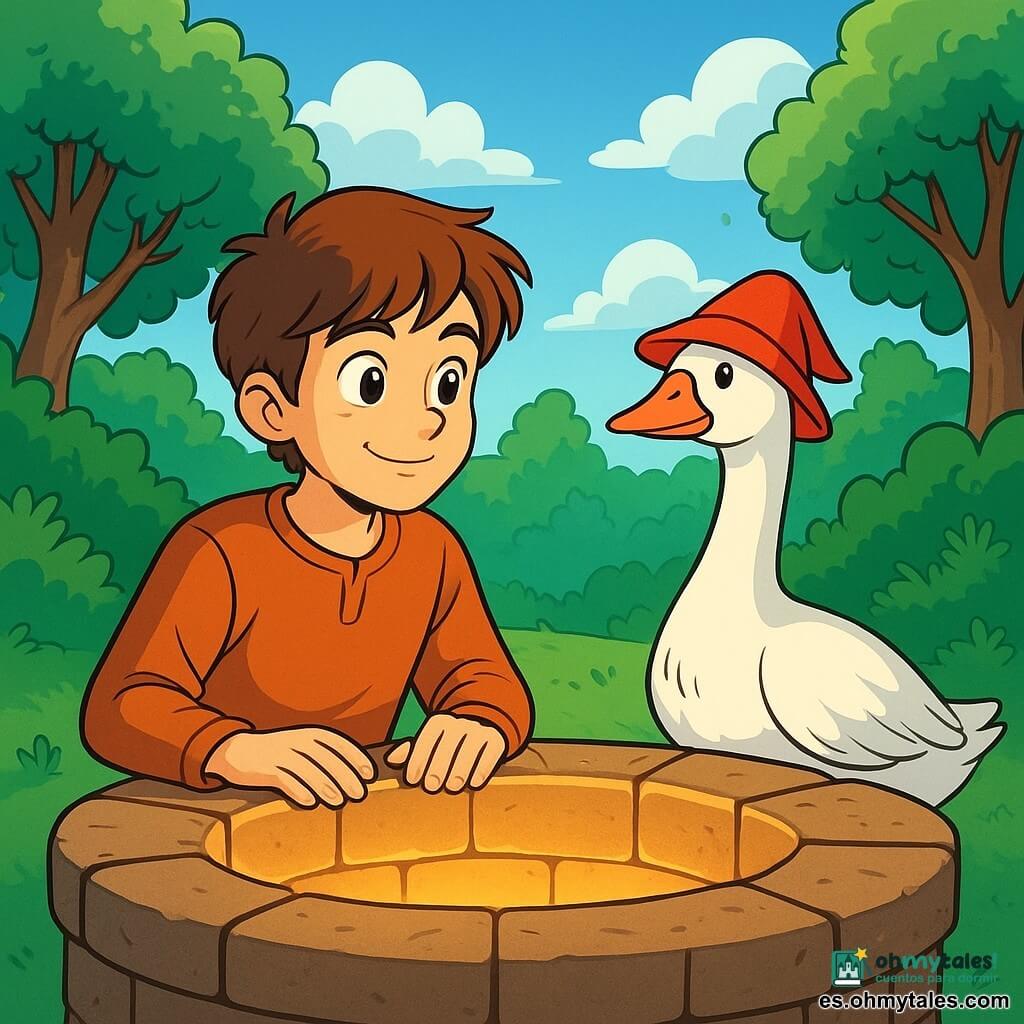 Un joven llamado Elian, con cabello castaño y ojos llenos de curiosidad, está de pie al borde de un antiguo pozo, su rostro iluminado por una suave luz dorada. Tiene una sonrisa decidida y sus manos están apoyadas en el borde del pozo, listo para escuchar la voz misteriosa que emana. A su lado, una majestuosa oca, con plumaje blanco brillante y un sombrero rojo, lo observa con ojos traviesos. Al fondo, el pozo está rodeado de árboles de hojas verdes vibrantes, y el cielo es de un azul claro, salpicado de nubes esponjosas. La escena transcurre en un reino de ensueño, donde la magia flota en el aire. Elian escucha atentamente la voz del pozo, una promesa de aventura y descubrimiento, mientras la oca parece lista para acompañarlo en esta búsqueda encantada.