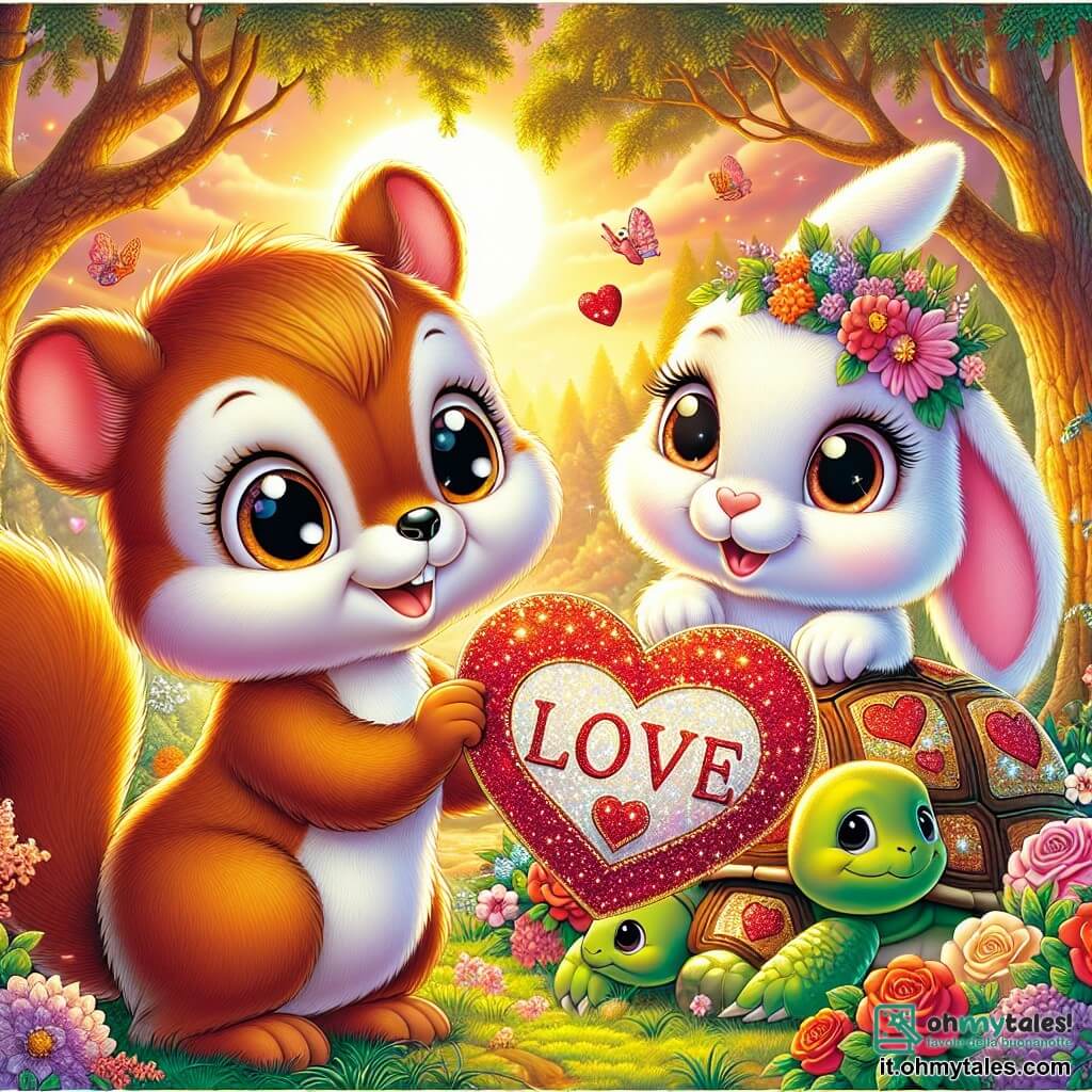 Un giovane scoiattolo dal pelo marrone e morbido, con grandi occhi brillanti di curiosità e una piccola coda folta, si trova al centro dell'immagine, tenendo un bel messaggio d'amore a forma di cuore. Sorride radioso, traboccante di eccitazione e gioia. Alla sua destra, una timida coniglietta dalle lunghe orecchie e dal pelo bianco, con guance rosa, guarda il messaggio con meraviglia, i suoi occhi scintillanti di felicità. Sta decorando una grande tartaruga a forma di cuore con fiori colorati, aggiungendo un tocco di magia alla scena. Lo sfondo è una foresta incantata, illuminata dalla luce dorata del sole al tramonto, con alberi maestosi dalle foglie verdi, fiori dai colori vivaci e piccoli uccelli che cantano tra i rami. La scena principale mostra lo scoiattolo che, con un'aria complice, rivela il messaggio d'amore alla coniglietta, creando un momento tenero e gioioso, pieno di promesse e amicizia, nel cuore della festa di San Valentino.
