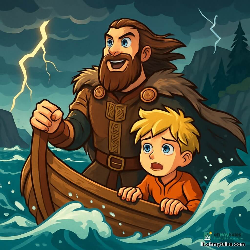 Un uomo vichingo, Leif, di circa trent'anni, con una lunga barba castana e occhi penetranti, si trova su una barca di legno, il viso illuminato da un mix di eccitazione e determinazione. Indossa una tunica di pelle decorata con motivi nordici e un mantello di pelliccia che fluttua nel vento. Accanto a lui, un giovane ragazzo di nome Sigurd, di circa 10 anni, con i capelli biondi arruffati e occhi blu, guarda l'orizzonte con un misto di apprensione e coraggio, le mani serrate sul bordo della barca. Il luogo è un mare agitato, con onde tumultuose che si infrangono contro la barca, mentre il cielo è scuro, punteggiato di nuvole minacciose. In lontananza, scogliere ripide e foreste di pini si ergono, creando un'atmosfera sia selvaggia che maestosa. La scena principale mostra Leif e Sigurd affrontare una tempesta improvvisa, con le onde che si alzano intorno a loro, mentre Leif guida la barca con sicurezza, incoraggiando Sigurd a superare la paura. I lampi illuminano il cielo, aggiungendo un tocco drammatico a questa scena di avventura e coraggio.