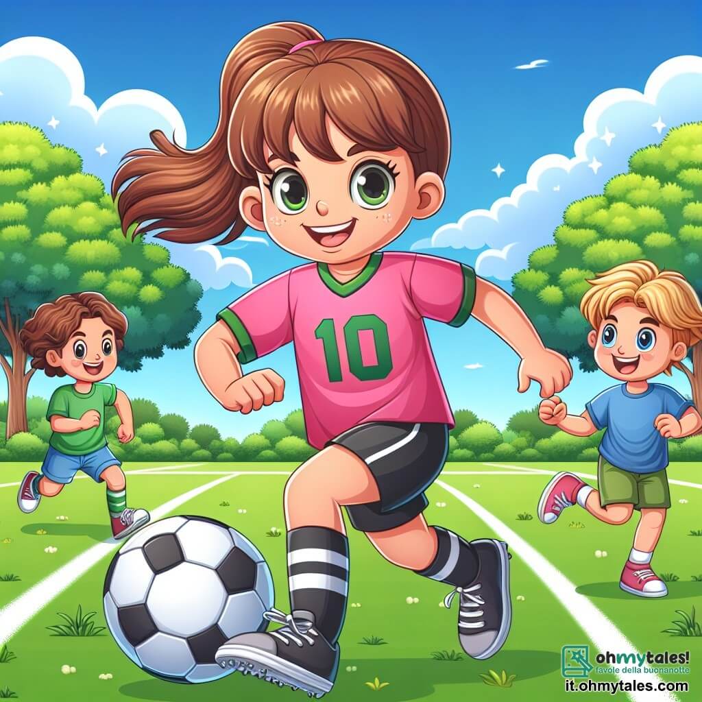 Il personaggio principale è Sara, una ragazza di 10 anni con capelli castani legati in una coda di cavallo. Indossa una maglietta da calcio rosa e pantaloni corti neri, con un grande sorriso che esprime la sua passione per il gioco. Sta dribblando un pallone da calcio sul campo, piena di energia e determinazione. Accanto a lei c'è Leo, un ragazzo di 9 anni con capelli biondi e occhi brillanti, che indossa una maglietta blu e pantaloni corti verdi. La scena si svolge in un parco verdeggiante con alberi maestosi sullo sfondo e un cielo blu punteggiato di nuvole bianche. La situazione principale mostra Sara e Leo che giocano insieme, Sara che dribbla il pallone con agilità mentre Leo cerca di seguirla, ridendo e divertendosi, illustrando lo spirito di amicizia e passione per il calcio.