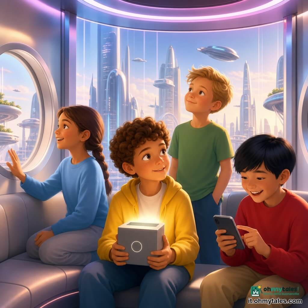 Ci sono quattro bambini: un ragazzo di 8 anni, Riccardo, capelli castani ricci, giacca giallo vivo, sguardo curioso, tiene una piccola scatola grigia al centro del gruppo; una bambina di 8 anni, Luca, capelli castani in treccia, maglione celeste, sorride e guarda dal finestrino, seduta a sinistra di Riccardo; un ragazzo di 8 anni, Samuele, capelli biondi corti, maglietta verde, mani in tasca, in piedi dietro Riccardo a destra, sognante; un ragazzo di 8 anni, Mattia, capelli neri lisci, felpa rossa, ride mostrando qualcosa sul telefono, seduto a destra di Riccardo. Ambientazione: interno di un grande ascensore trasparente in una torre futuristica con pareti di vetro curve, sedili grigio chiaro, schermi che mostrano paesaggi e luci LED pastello sul soffitto; fuori si vede una città sospesa con grattacieli lisci, navette argentate e giardini pensili. Situazione: i bambini sono tranquilli e registrano messaggi calmanti nella scatola grigia mentre l'ascensore è momentaneamente fermo fra due piani, atmosfera dolce e rassicurante, espressioni serene, luce calda che mette al centro la scatola grigia e i loro volti.