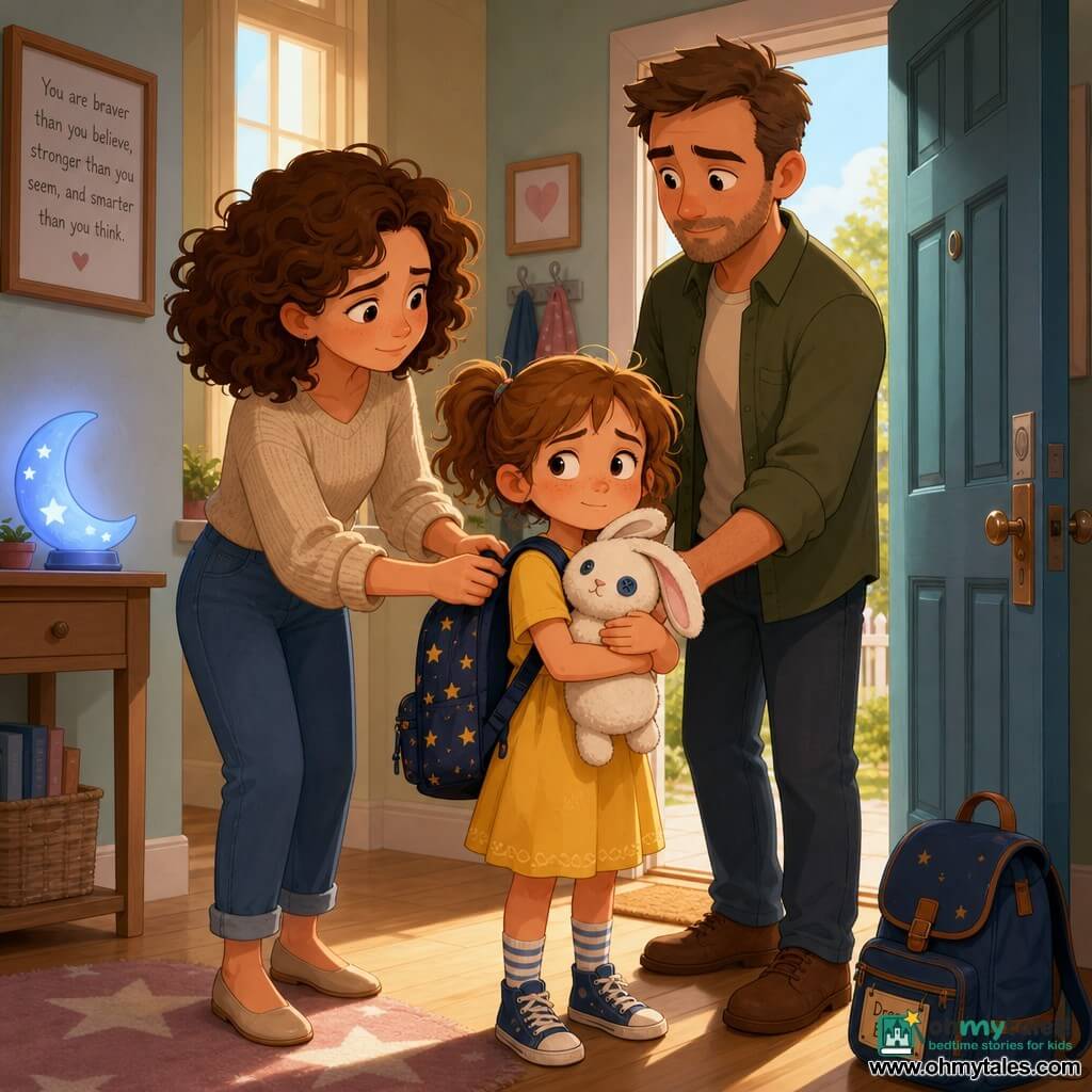 Six-year-old girl with messy light-brown pigtails, round freckled face, worried yet brave expression, clutching a white bunny named Buttons; she wears a navy backpack with gold stars, a yellow dress and striped socks, standing in a doorway ready to leave. Mother, about 34, with curly brown hair and a gentle, slightly sad expression, hands on the bag handle to the left, leaning toward the girl. Father, about 36, with short hair and light beard, kind but reserved, holding the bag handle to the right and slightly withdrawn near the entrance. Bright hallway with pastel walls, light wood floor, a small table with a moon nightlight casting a bluish glow and a school bag by the door. The girl is about to leave for one parent's home; the scene is soft and emotional, triangular composition, warm window light, tender colors and reassuring expressions.