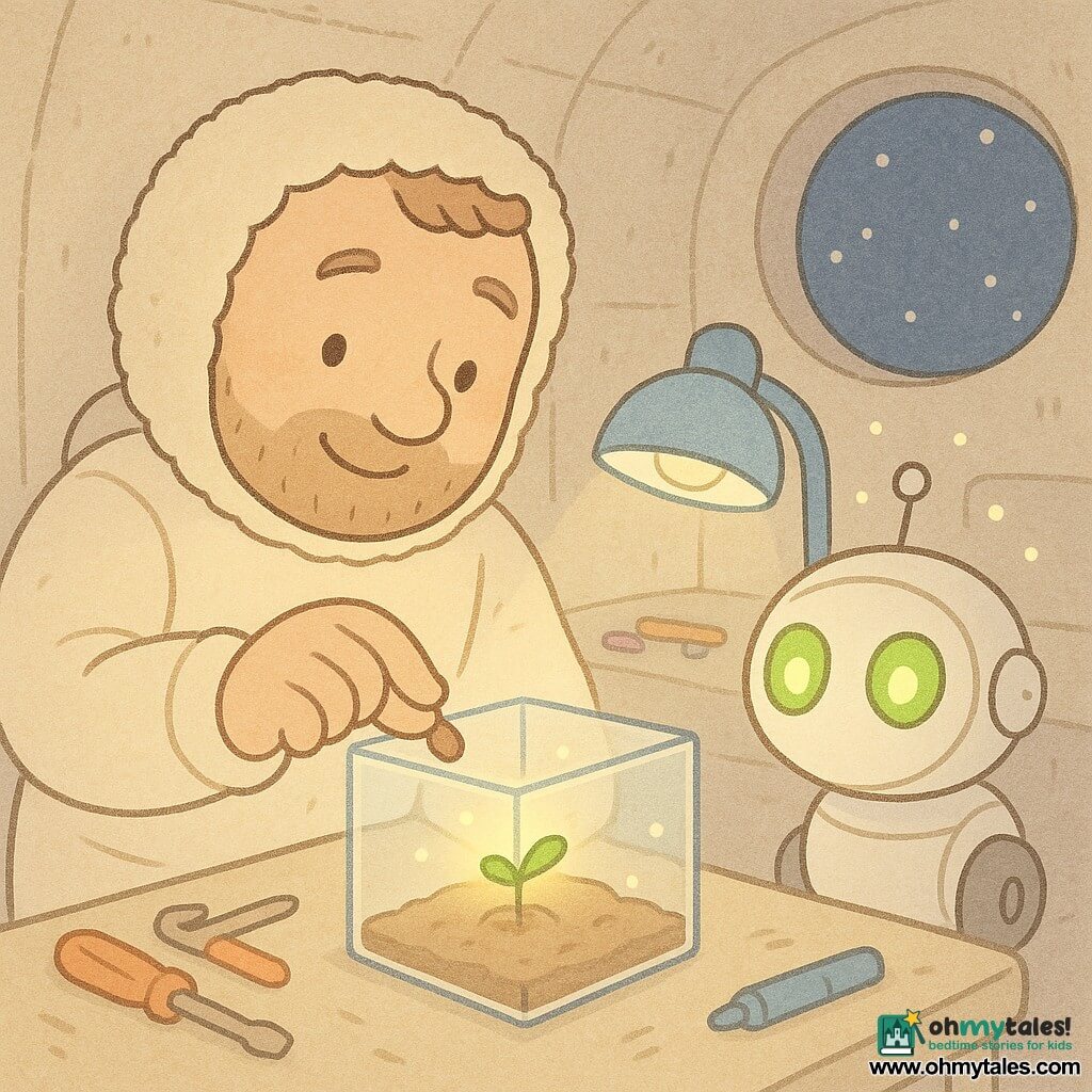 An adult man, Mr. Leo, with a round smiling face, gentle eyes and light beard, wearing a cream puffy spacesuit, calmly places a small seed into a transparent box while a small robot named Pip, with a round white metal body and bright green LED eyes, rolls at his right near a panel and emits small lights as it watches; the compact lunar lab has pale stone curved walls, a round window showing a starry sky, a table with tools and a soft blue lamp illuminating the glass box, and the scene is gentle, intimate and peaceful with soft textures, light shadows and pastel colors.