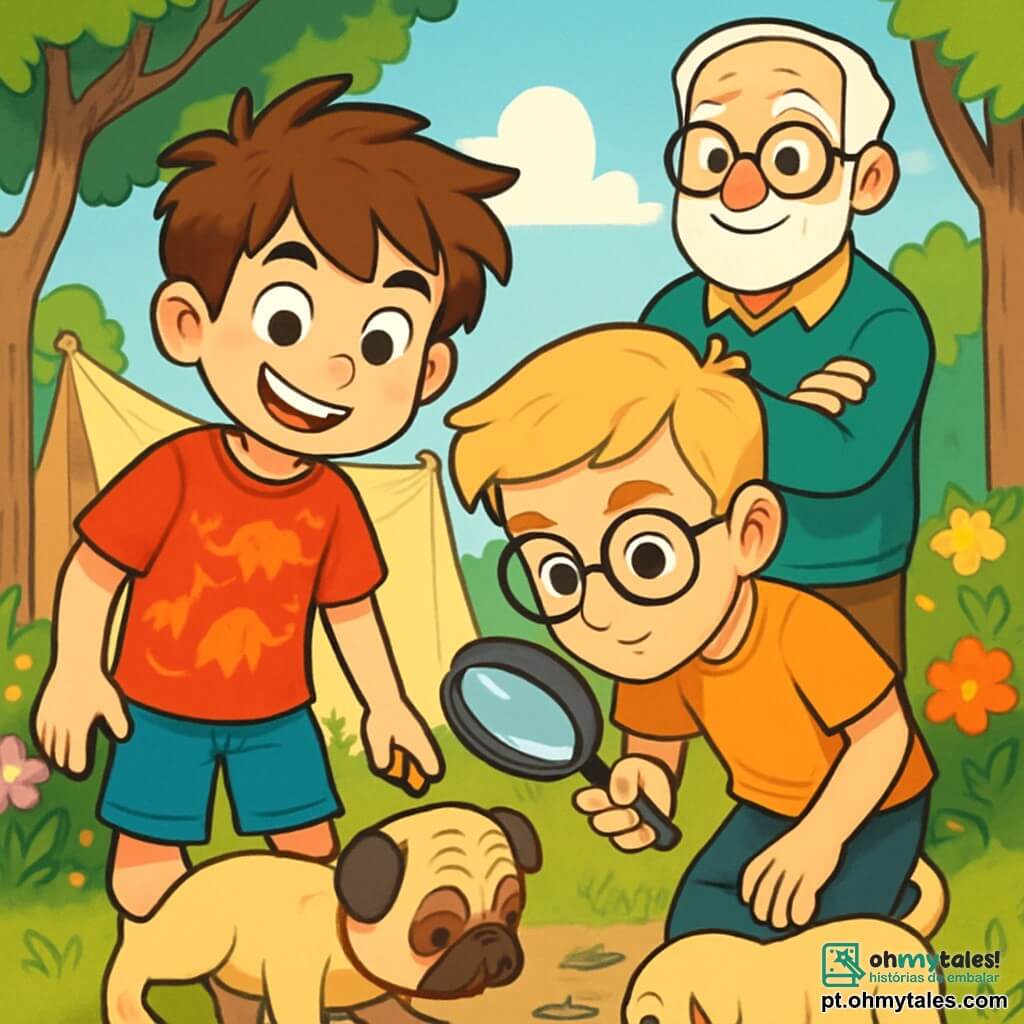 Um garoto de 12 anos, com cabelos castanhos bagunçados e olhos brilhantes de curiosidade, está no centro da cena, com um sorriso travesso no rosto. Ele usa uma camiseta vermelha com estampas de dinossauros e um short azul. Ao seu lado, seu irmão gêmeo, também de 12 anos, tem cabelos loiros e óculos redondos, exibindo uma expressão de concentração enquanto segura uma lupa, pronto para examinar pistas. Seu avô, um homem idoso com barba branca e óculos, está um pouco afastado, sorrindo benevolentemente, de braços cruzados, observando os meninos com diversão. A cena acontece em um jardim ensolarado, cheio de flores coloridas e árvores verdes, com uma cabana improvisada feita de lençóis pendurados entre duas árvores. Os meninos, em plena investigação, examinam o chão em busca de pistas, enquanto um pequeno cachorro, um pug chamado Bolota, cheira ao redor deles, acrescentando um toque de leveza à situação.