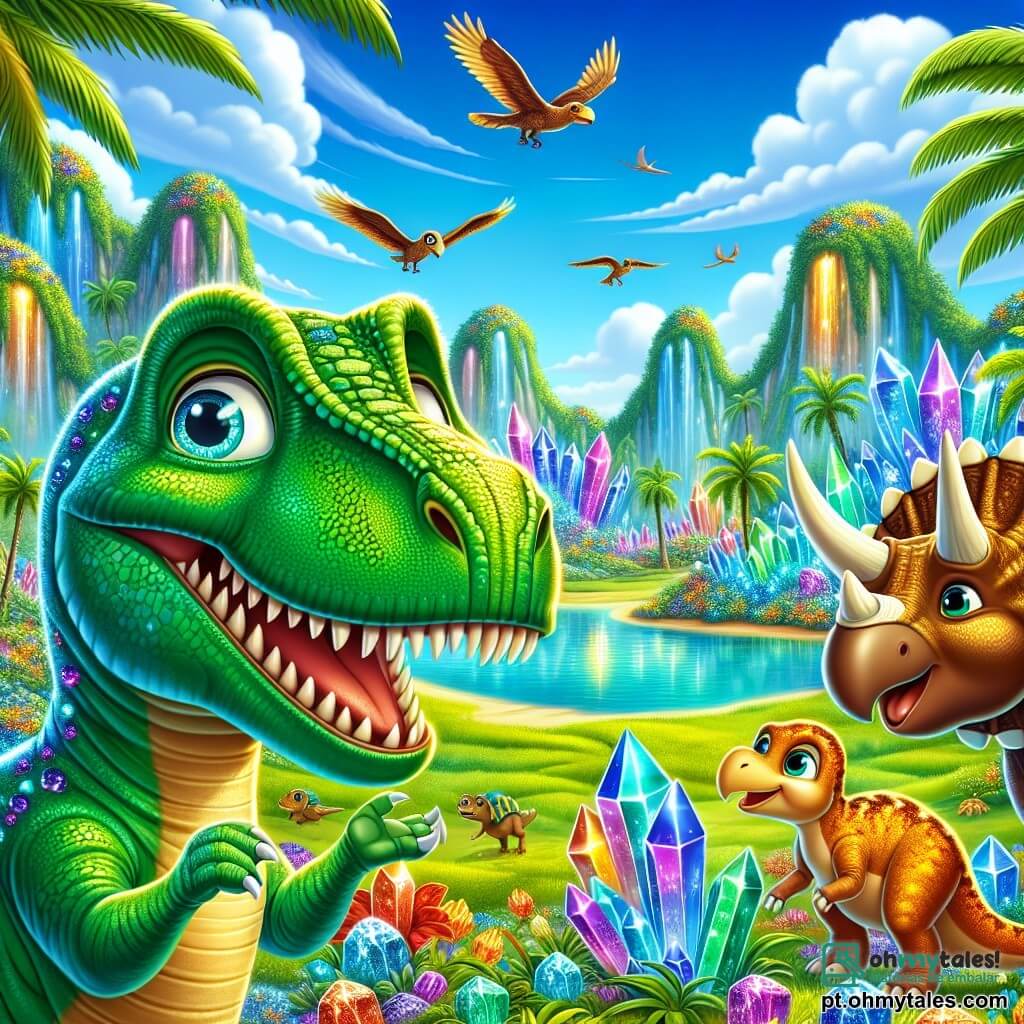 Um Tyrannossauro Rex, com uma pele verde brilhante e escamas cintilantes, está no centro da imagem, com os olhos brilhando de curiosidade e um largo sorriso mostrando seus dentes afiados. Ao lado dele, um tricerátopo de pelagem marrom e chifres dourados, com olhos suaves e uma expressão amigável, observa o T-Rex com entusiasmo. Um diplodoco, grande e esguio, se inclina levemente, com seus longos cílios tremulando ao vento, enquanto observa a cena com um sorriso benevolente. O cenário é um magnífico vale escondido, repleto de cristais coloridos brilhando sob o sol, cercado por palmeiras luxuriantes e flores vibrantes. Ao fundo, um lago de água turquesa reflete o céu azul, enquanto pássaros coloridos voam acima. A cena mostra o T-Rex e seus amigos descobrindo o tesouro escondido do vale, maravilhados com a beleza ao seu redor, com expressões de alegria e admiração em seus rostos.