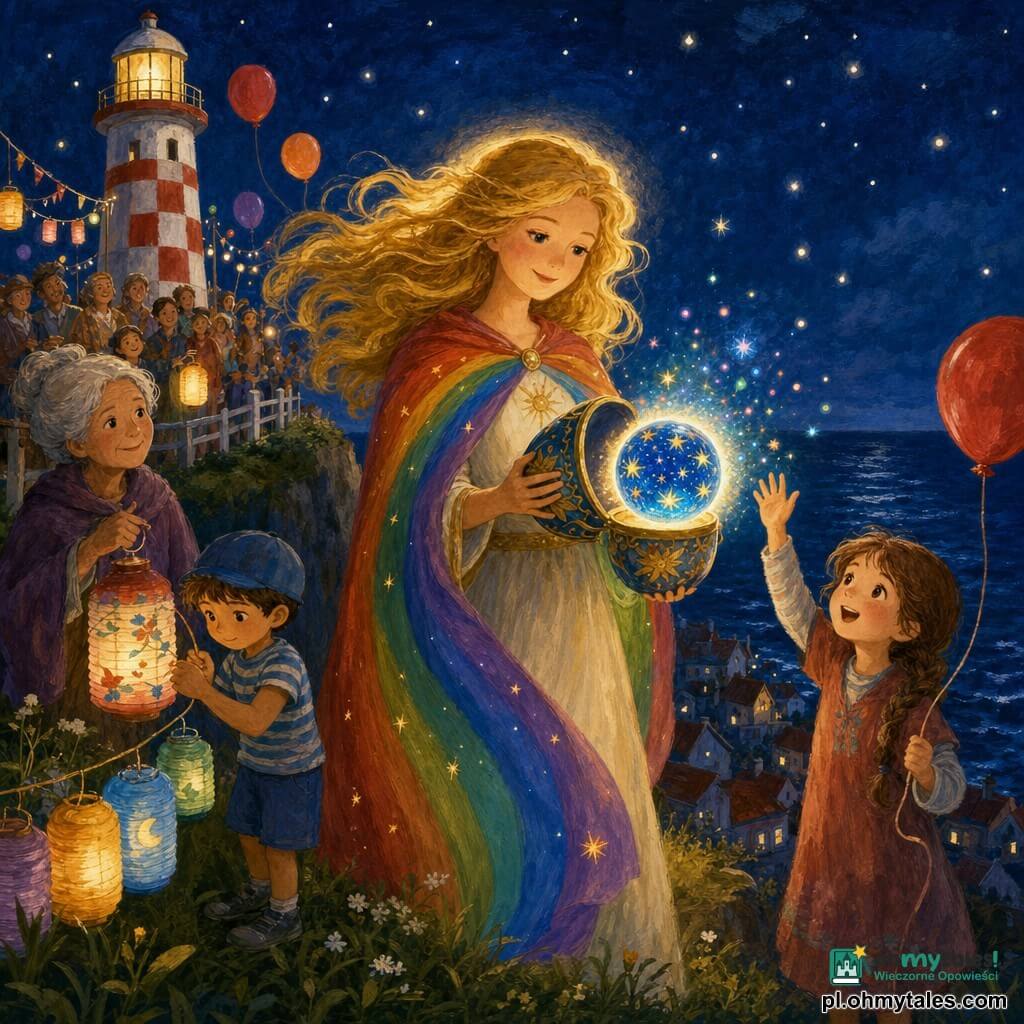 Pani Promień — promienna, spokojna bohaterka o okrągłej twarzy i długich złotych włosach w pelerynie w kolorach tęczy — trzyma dekorowaną kapsułę, z której unosi się Niebieska Iskra: mała, błękitna, iskrząca kula z złotymi gwiazdkami i miękkim halo. Obok na klifie zbiorowisko: około 8-letnia dziewczynka z warkoczem i czerwonym balonem macha z zachwytem, około 6-letni chłopiec w niebieskiej czapce przywiązuje lampiony, starsza kobieta z siwym kokiem trzyma papierową latarnię; w tle trawiasty klif nad mrocznym morzem, biała latarnia z czerwonymi szachownicami, kolorowe dachy i gwiaździste niebo. Scena ciepła, wspólnotowa, lampiony i balony, bogata paleta nasyconych granatów, złotych i czerwieni, tekstury grubych pociągnięć gwaszu, miękkie oświetlenie od sfery i latarek.