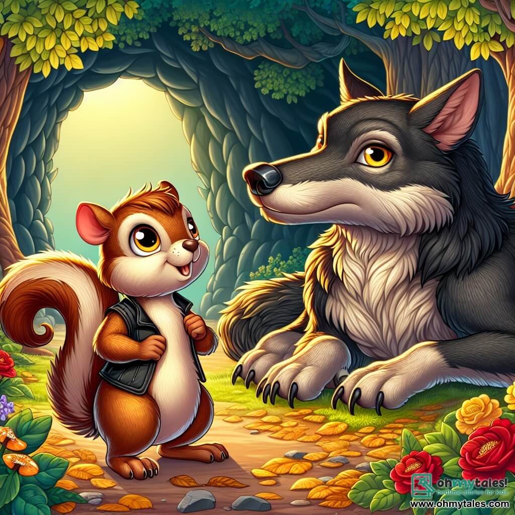 In a lush forest, a small squirrel named Sammy, with brown fur and a cream belly, shows an expression of courage and determination. His eyes shine with excitement as he stands on a branch, ready to speak to the Big Bad Wolf. The Big Bad Wolf, large and imposing, with dark gray fur and piercing yellow eyes, looks at Sammy with surprise, his expression shifting from suspicion to curiosity. He is lying on a pile of leaves at the entrance of a dark cave, his large front paws crossed. The scene takes place at the cave entrance, where sunlight filters through the trees, illuminating the ground covered with golden leaves. Colorful flowers line the path, adding a touch of magic to the environment. Sammy, the small squirrel, gathers his courage and offers friendship to the wolf, challenging stereotypes and showing that even the most feared can be kind.